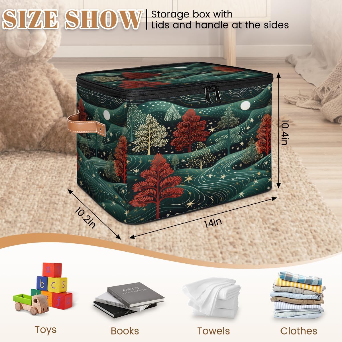 Storage Bin Set of 2 Night Forest Storage Basket with Zipper Lid & Handle Foldable Closet Shelf 2 Pack Cloth Organizer Basket Cube Bins Clothes Organizer for Nursery, Bedroom