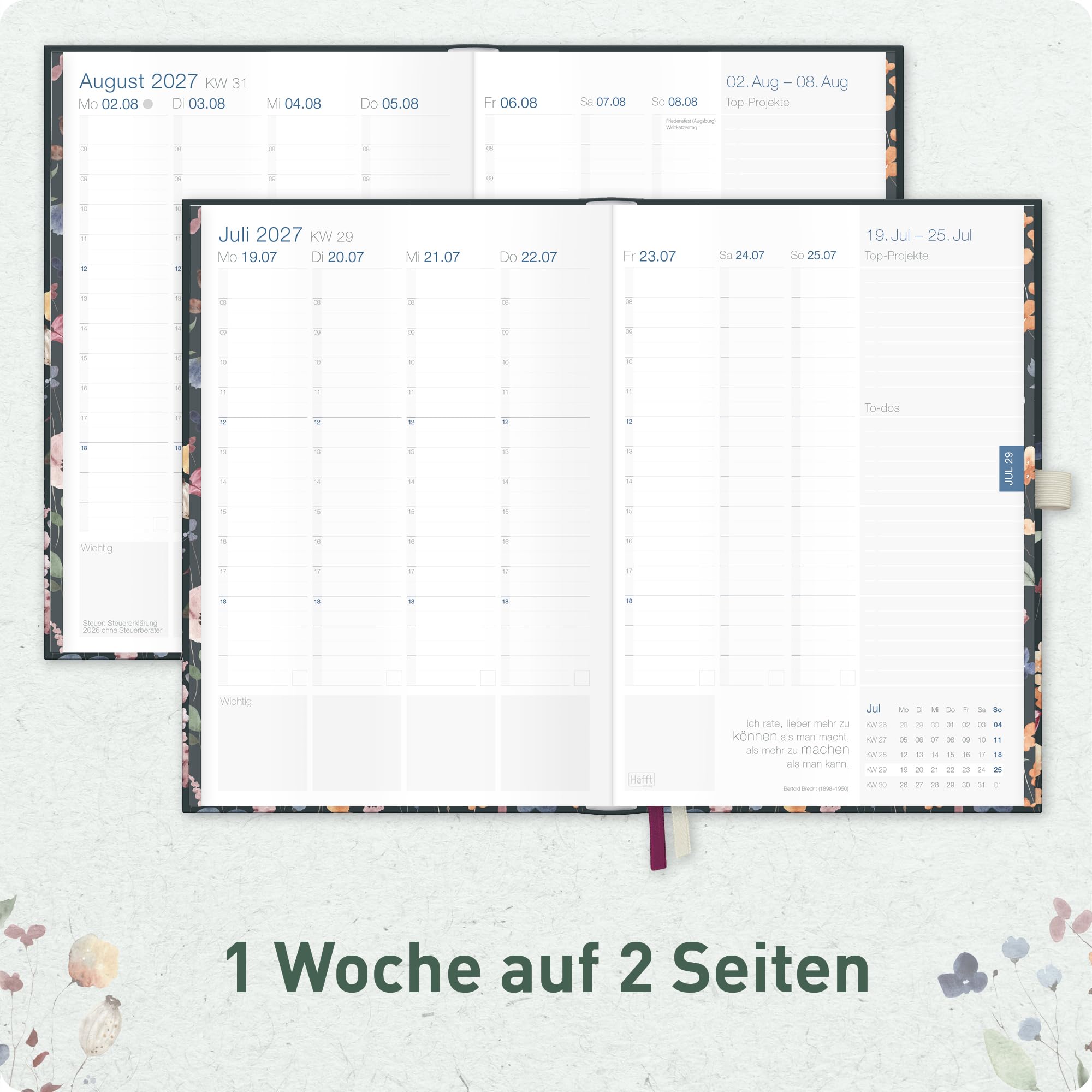 Häfft® Business-Timer Deluxe 2026 2027 A5 für 17 Monate: August 2026 bis Dez. 2027 - Buchkalender, Terminplaner, Wochenkalender, Wochenplaner "Flower Inspiration"