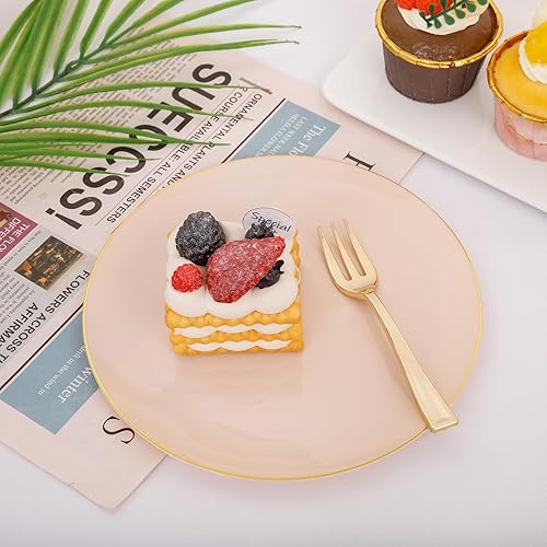 Miniatura 6 de LIYH - 200 platos de pastel rosa y tenedores de postre de plástico dorado, platos de postre rosa de 7.5 pulgadas, mini tenedores de plástico dorado