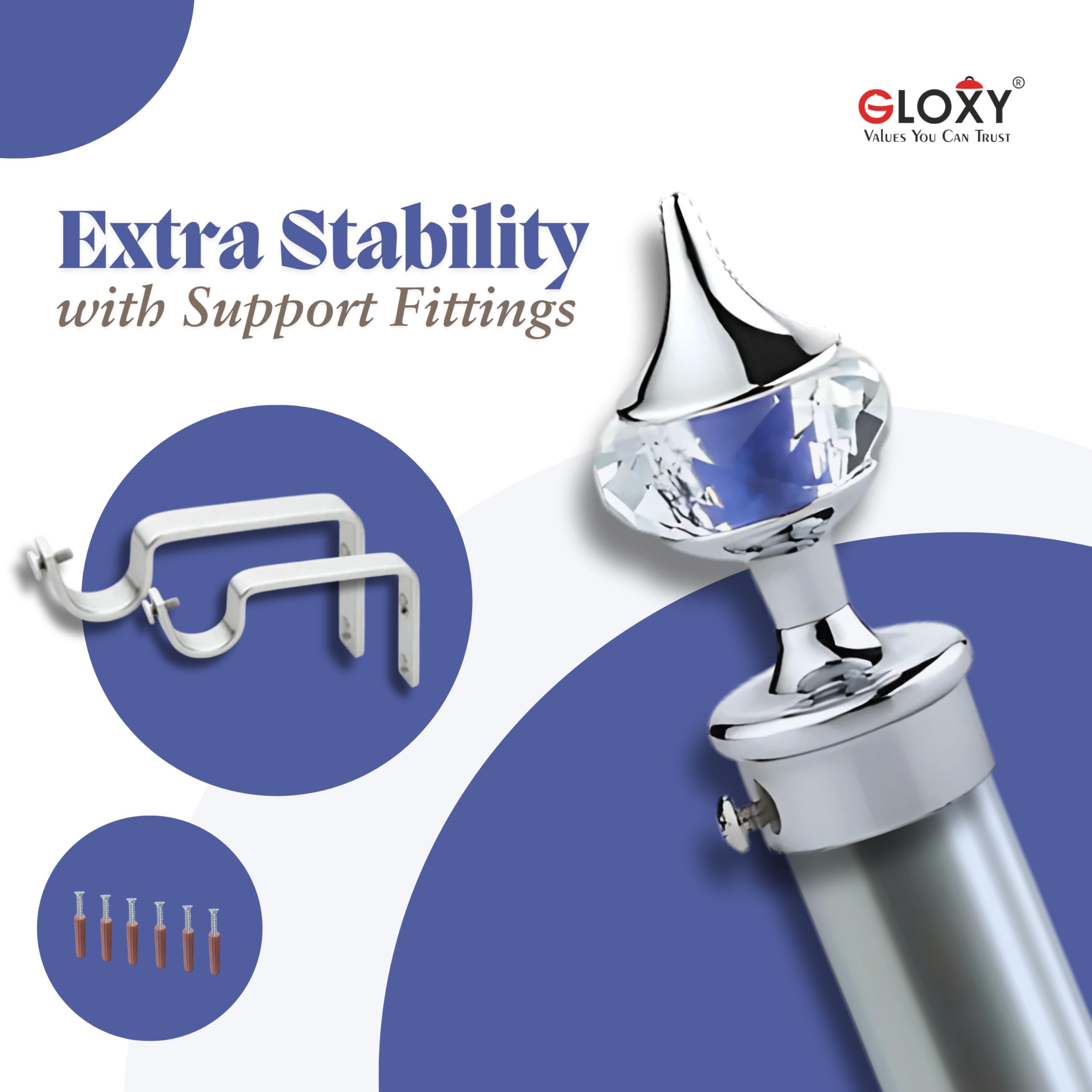 GLOXY Aluminium Single Diamond Curtain Brackets Finials Chrome Finish with Blue Crystal Combo Pack of 6 Pairs for 1 Inch Rod - Curtain Holders with Wall Support Fittings for Windows & Doors 1