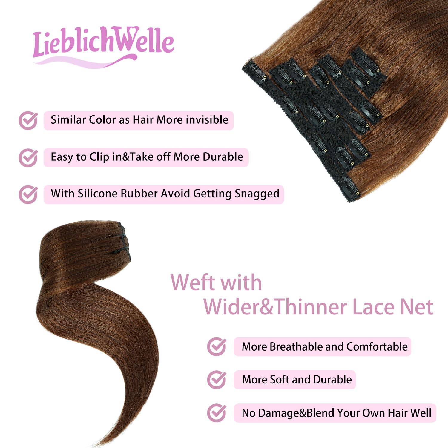 LieblichWelle Human Hair Extensions Clip in Hair Extensions Real Human Hair Brown 20 inch, 7pcs, 80g/Pack - Image 4