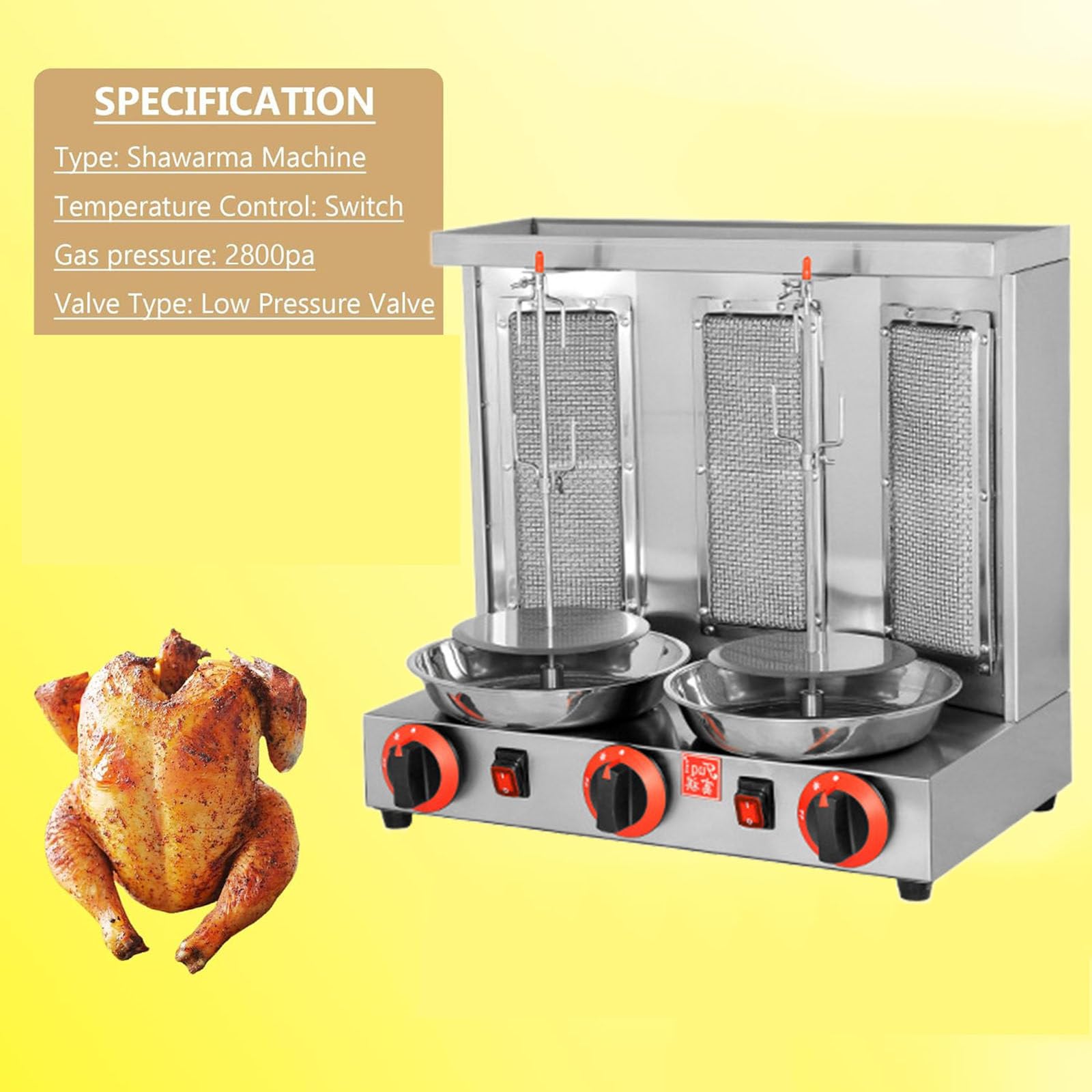 Máquina de Parrilla, Máquina de Kebab Doner de Gas GLP, Parrillas Giratorias, Parrilla Vertical Pastor, para Pollo Asado, Asado de Pavo, Tacos, Asado, Carne de Res,Three
