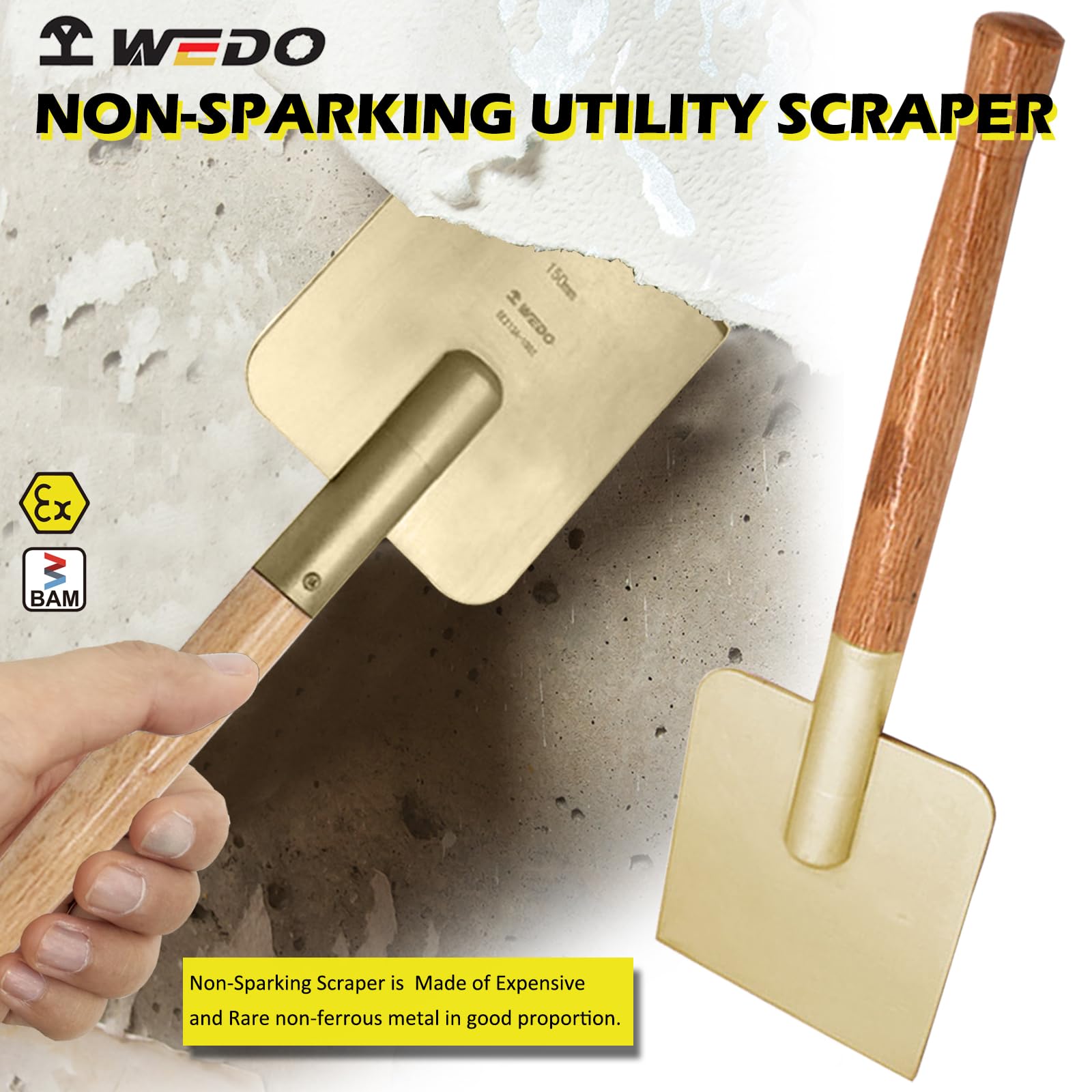 WEDO Espátula sin chispas,Raspador de suelo de 150 x 170 mm, Longitud 460 mm,Rascador de masilla de bronce de aluminio,Certificado BAM/FM