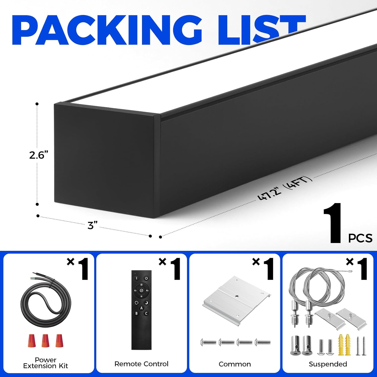 Barrina 7566 Remote Series 4FT Linear LED Light with Remote, 2nd-Generation, 50W 5800LM, Seamless Connection, 3000K to 6000K Color Changing, Linkable Suspended Lighting for Garage Gym, Black, 1 Pack