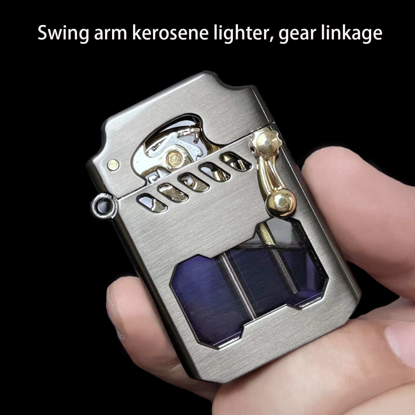 Windproof Old-fashioned Kerosene Lighter Refillable Lighter Pure Copper with Rocker Ignition visual fuel window Leak-proof Oil(Black)