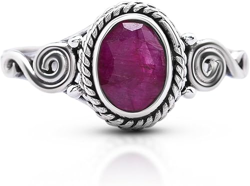 Anillo ovalado de plata de ley 925 con espiral, de rubí creado, delicado estilo bohemio elegante, moderno y elegante para niñas y mujeres, con bolsa