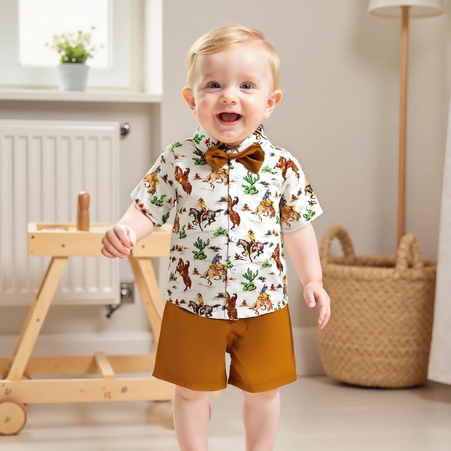 Toddler Boy Western Summer Clothes Riding Horse Button Down Short Sleeve Shirt and Shorts Set Country Baby Clothes - Image 2