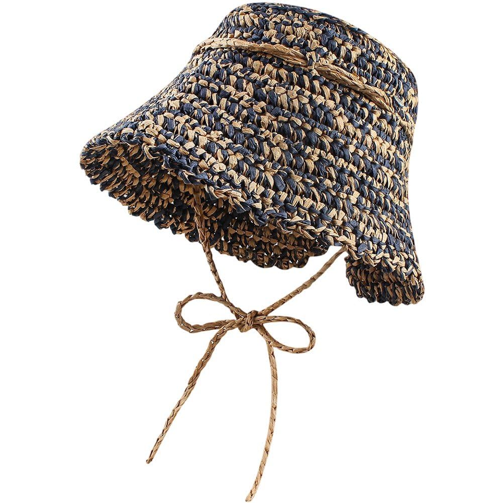 Sslvya Straw Sun Hats for Women, Sun Protection Wide Brim Summer Beach Hat Breathable Sun Visor Hats Fisherman Hat with Chin Strap