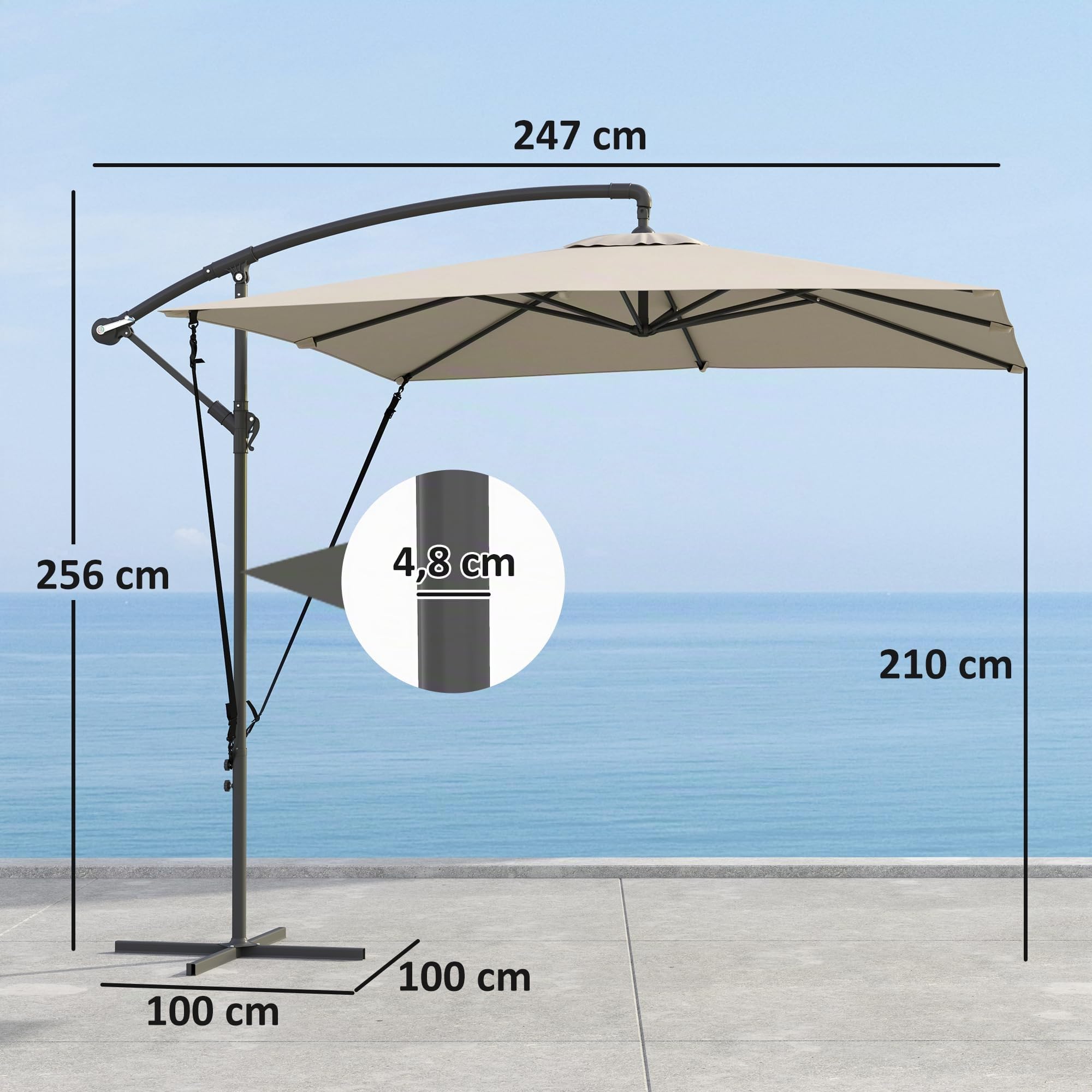 Outsunny Parasol Excéntrico 247x247 cm Base Cruzada Anti-UV 50+ Caqui | Sombrilla de Jardín, Toldo Giratorio 360°, Manivela, Funda Protectora, Cuerda de Viento, para Terraza Patio