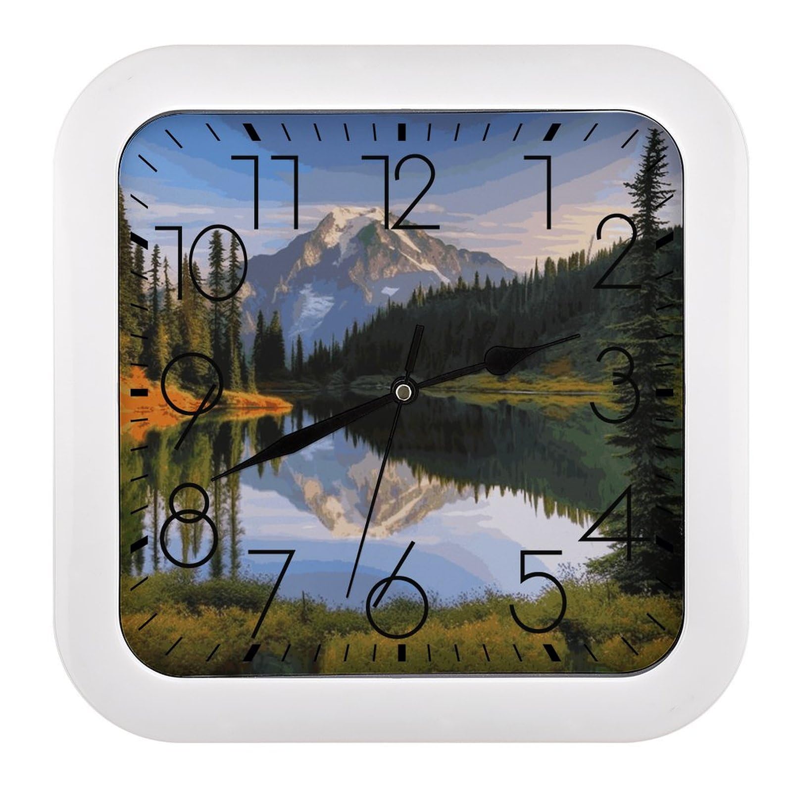 Horloge murale carrée de 25 cm à pile avec motif de paysage de montagne