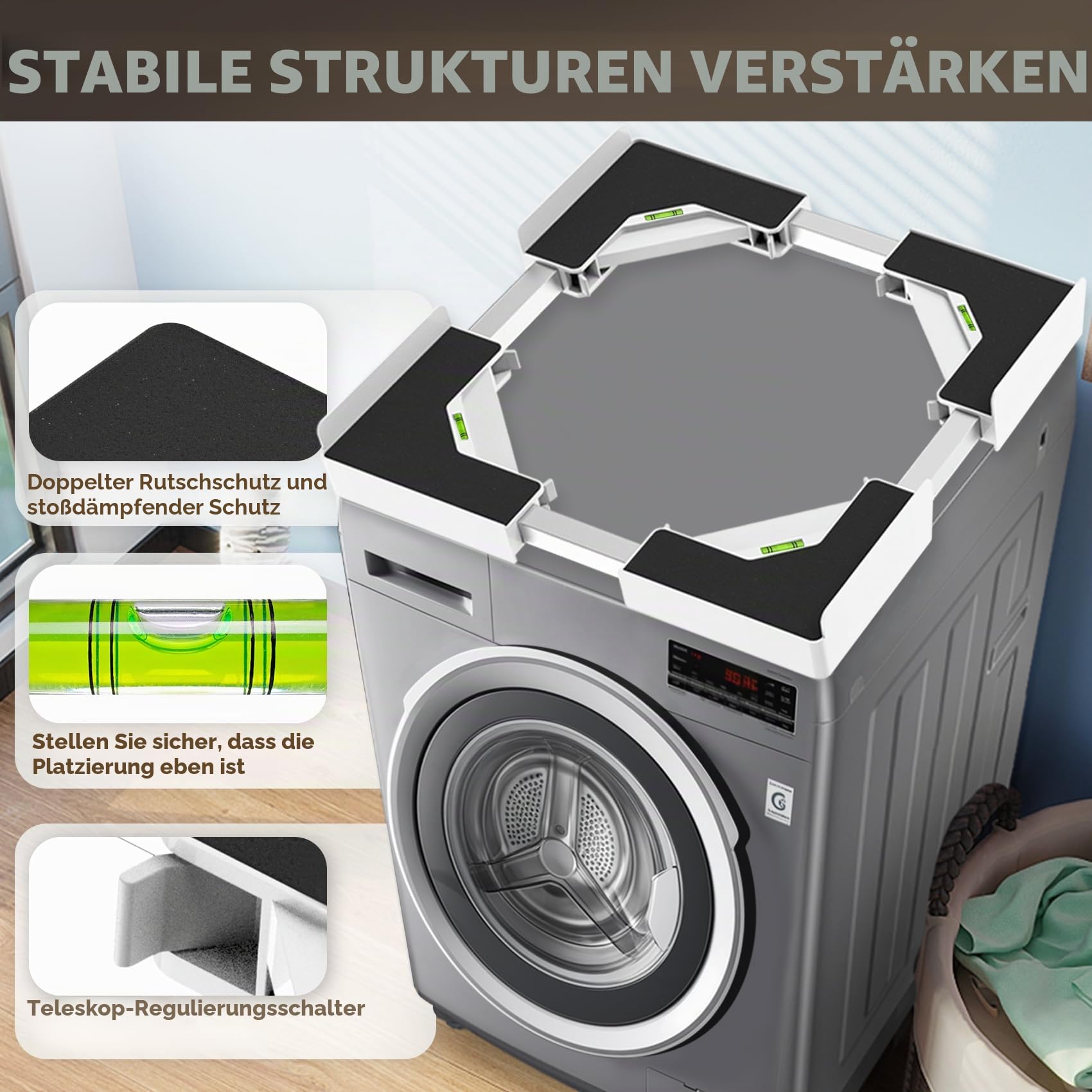 Universal-Stapelbausatz für Waschmaschine und Wäschetrockner, mit Ratschenseil, die Größe des Stapelrahmens ist einstellbar, geeignet für Waschmaschinen und Wäschetrockner von 45-68 cm (weiß)