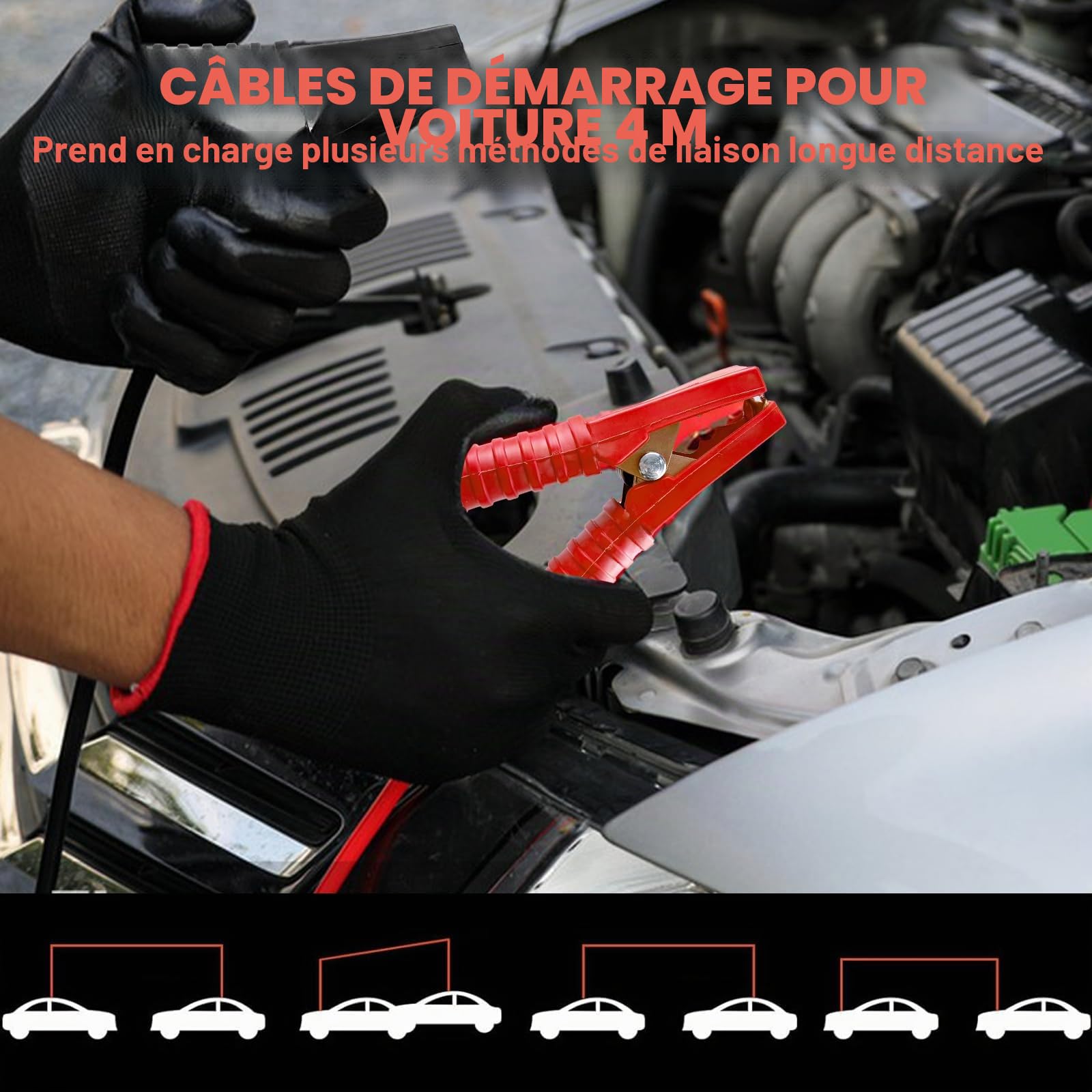 Câbles de démarrage pour voiture, câbles de démarrage robustes de 4 m, câbles de démarrage de batterie de voiture 2000 A avec gants