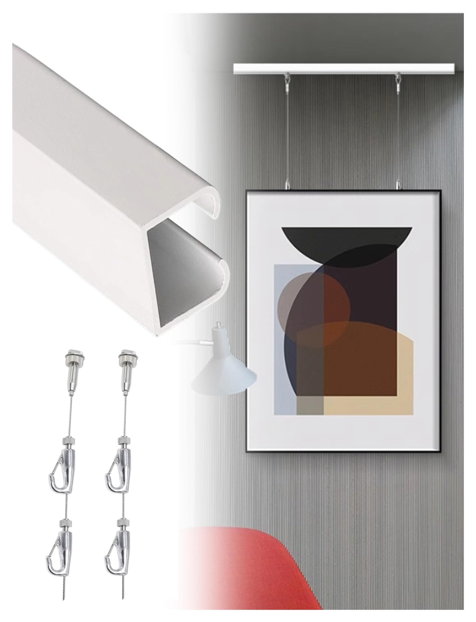 Rail d'accrochage pour tableaux, Kit de suspension for cimaise, câbles en acier, crochets réglables 50-200cm(115cm/45.28in)