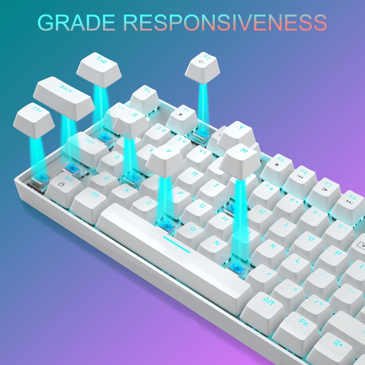 Close-up of keyboard keys showing blue mechanical switches