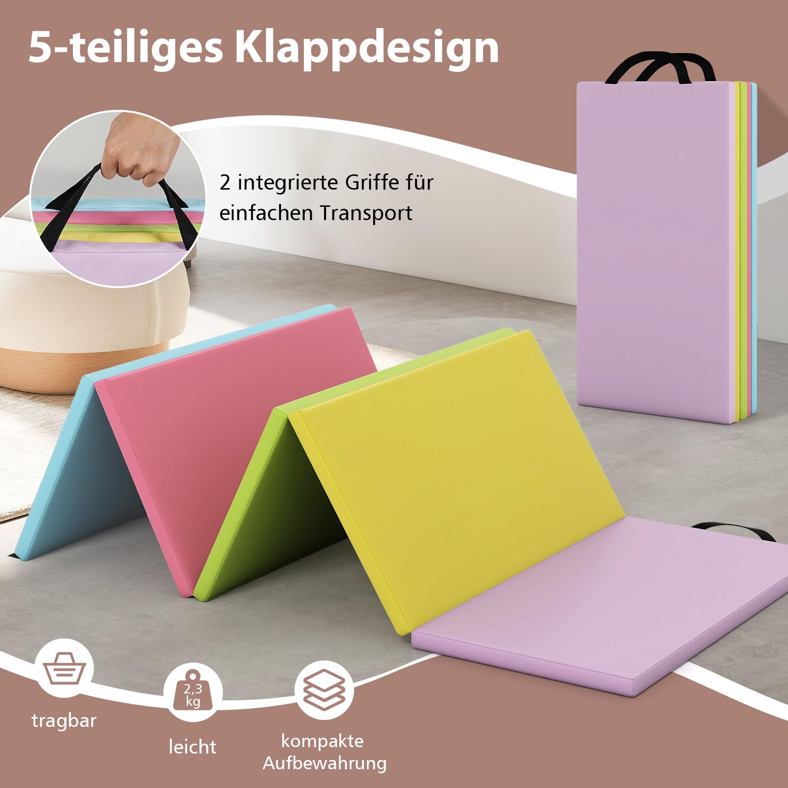 COSTWAY Turnmatte klappbar Weichbodenmatte Gymnastikmatte 5-fach faltbar aus PU mit Tragegriff Sportmatte Fitnessmatte Home für Kinder und Erwachsene