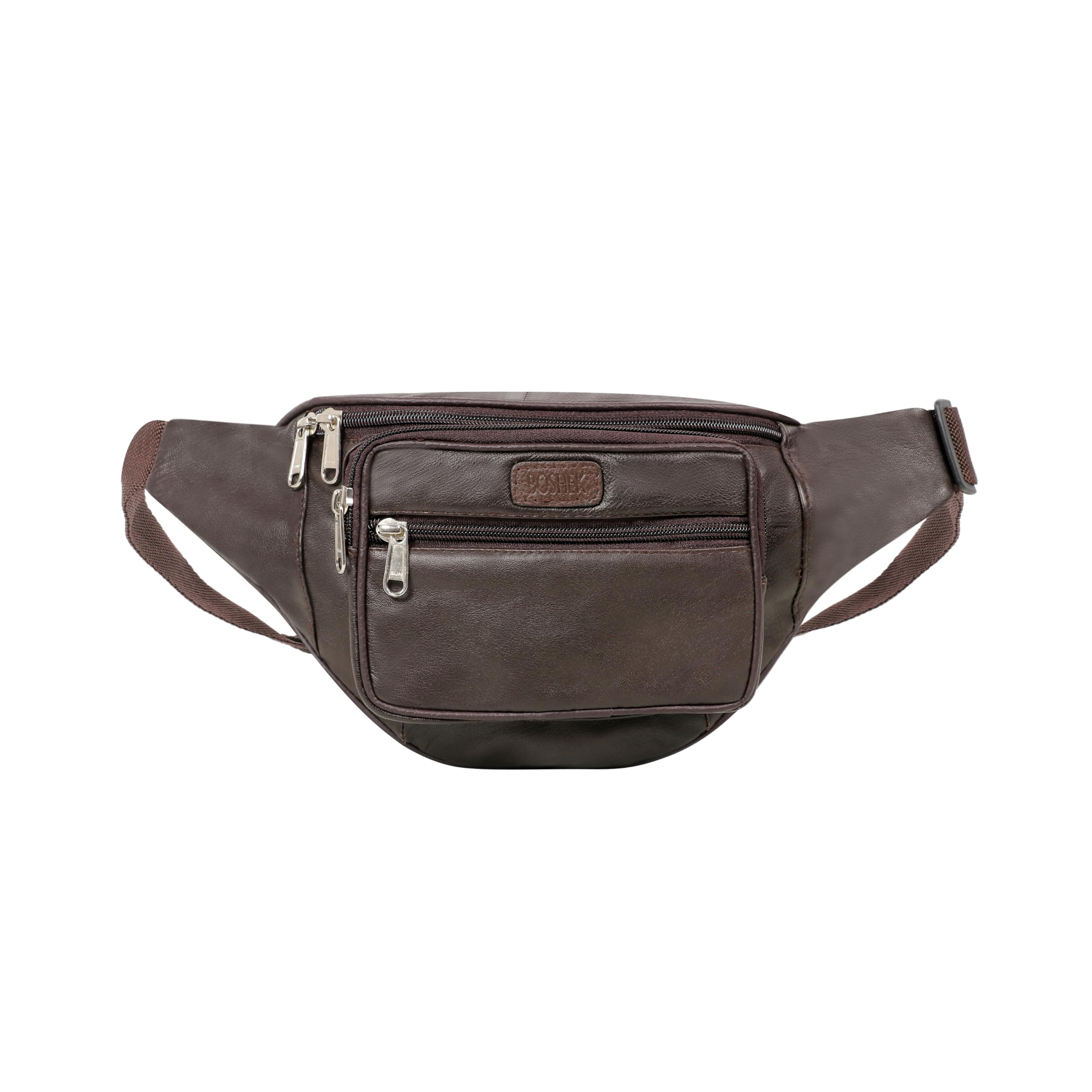 Boshek Medium Genuine Leather Unisex Waist Pack Fanny Pack Waist Bag Hip Bag Travel Pouch with Multiple Pockets and Metal Zippers Ideal for Trekking and Casual Outing FT211-image-0