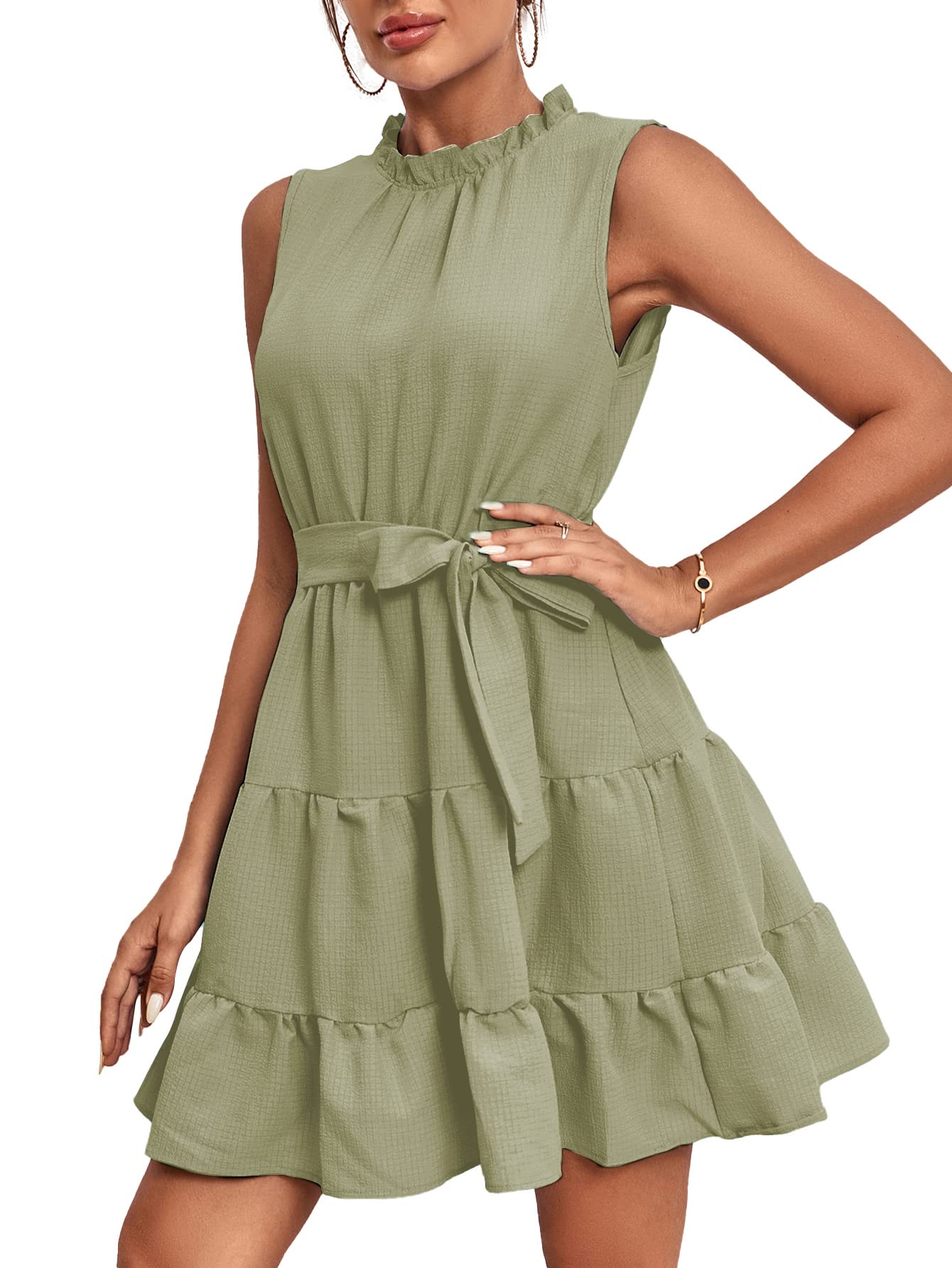 Umenlele Vestido corto para mujer, con cuello redondo, sin mangas, con nudo de corbata, cintura alta, volantes en capas, Verde guisante, M