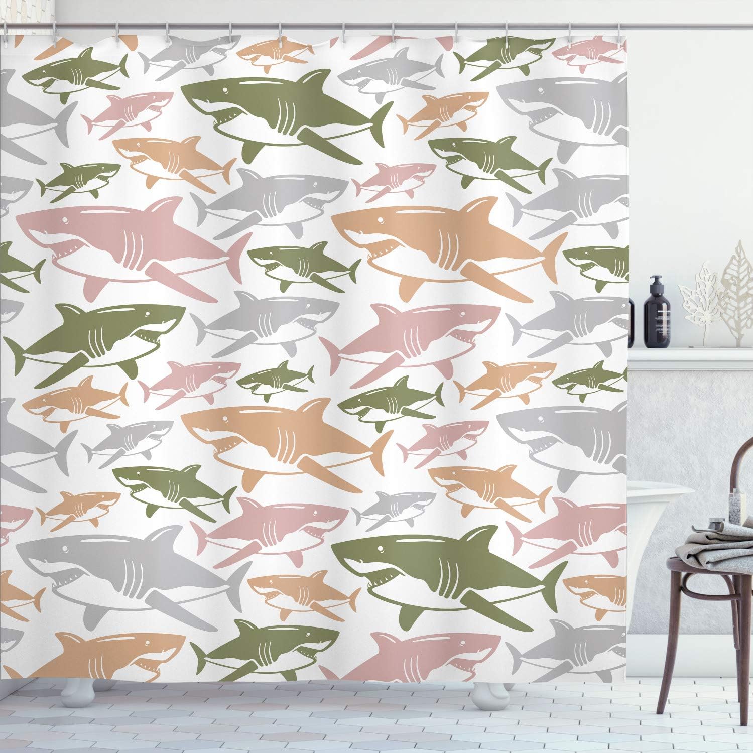 Ambesonne Shark Shower Curtain, Colorful Underwater Fish Pattern Masters Survival Predators Dangerous Nature, Cloth Fabric Bathroom Decor Set with Hooks, 75" Long, Grey Pink