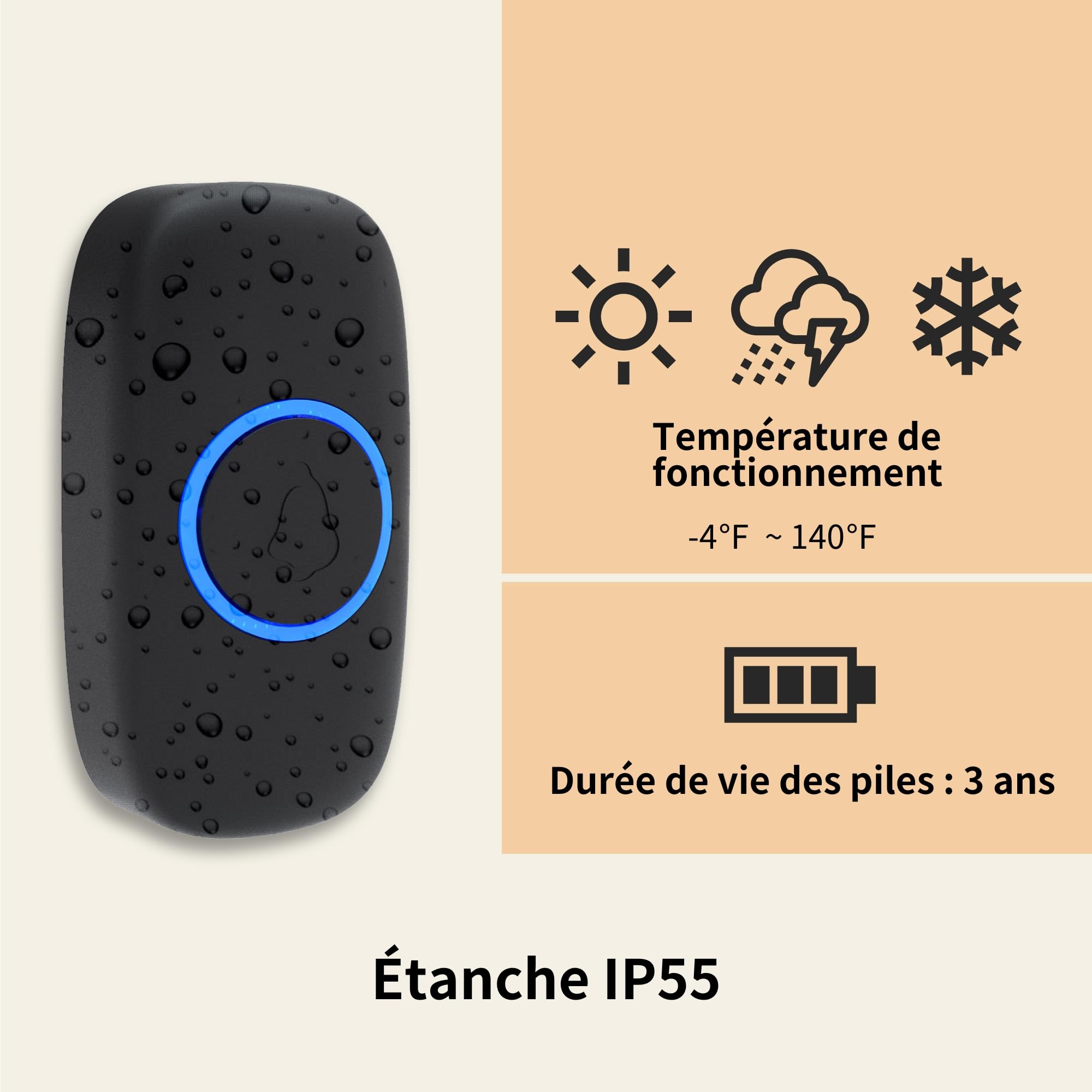 Sonnette sans Fil, Étanche IP55, Portée de Signal Étendue, Kit de Carillon Électronique avec Récepteurs à LED Enfichables pour la Maison, Noir