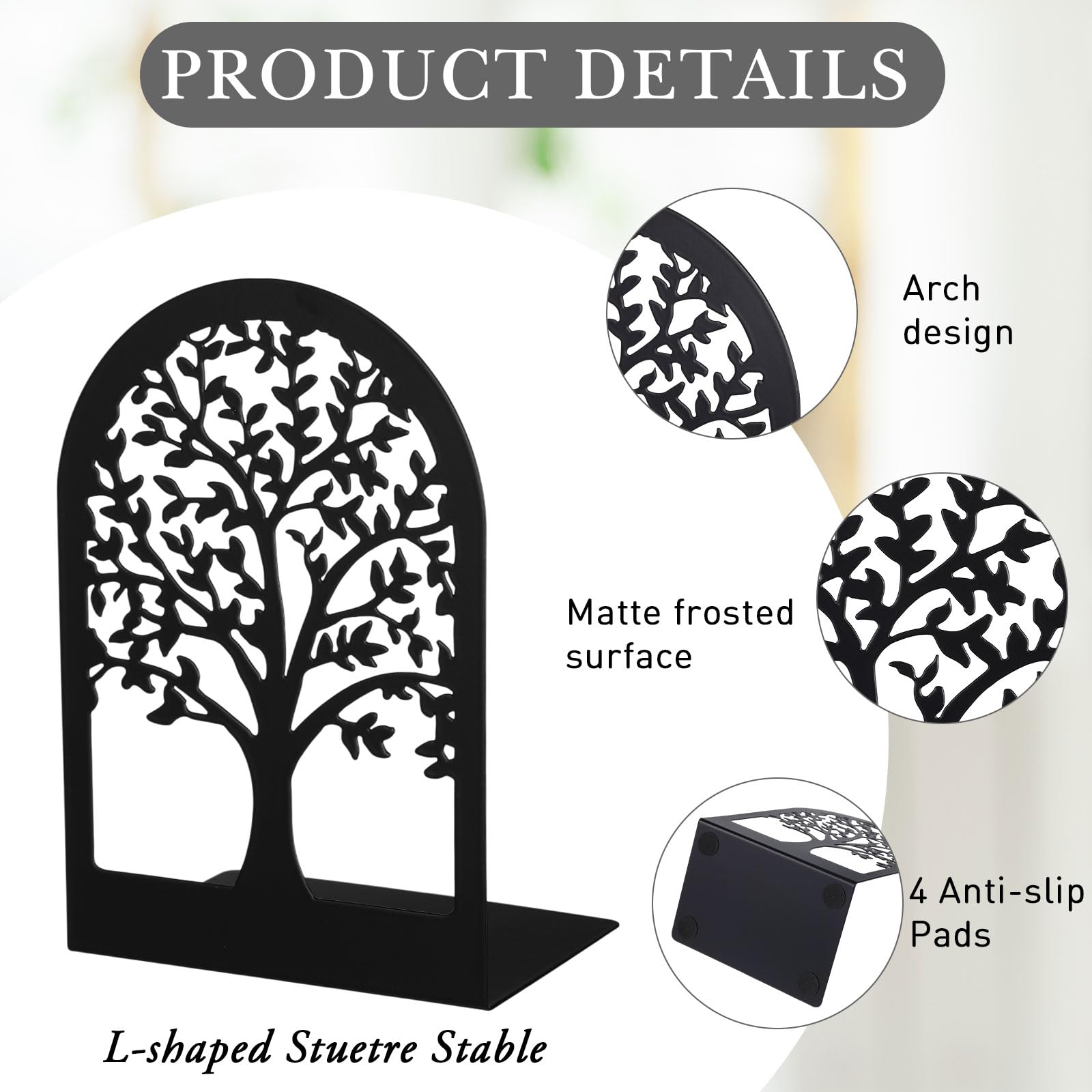 Faccito 5 paia di fermalibri in metallo nero per mensole, decorativi, antiscivolo e supporto per mensole per libri pesanti, forniture scolastiche per casa e ufficio