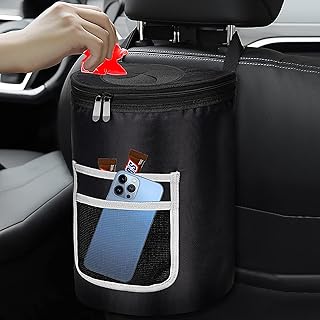 Vrsafan Car Trash Can with Lid, Car Trash Bin Car Accessories Interior, Leak-Proof Car Garbage Can with Storage Pockets, Waterproof Car Trash Bag Hanging for Headrest, Flip Lid Small Car Garbage Bag