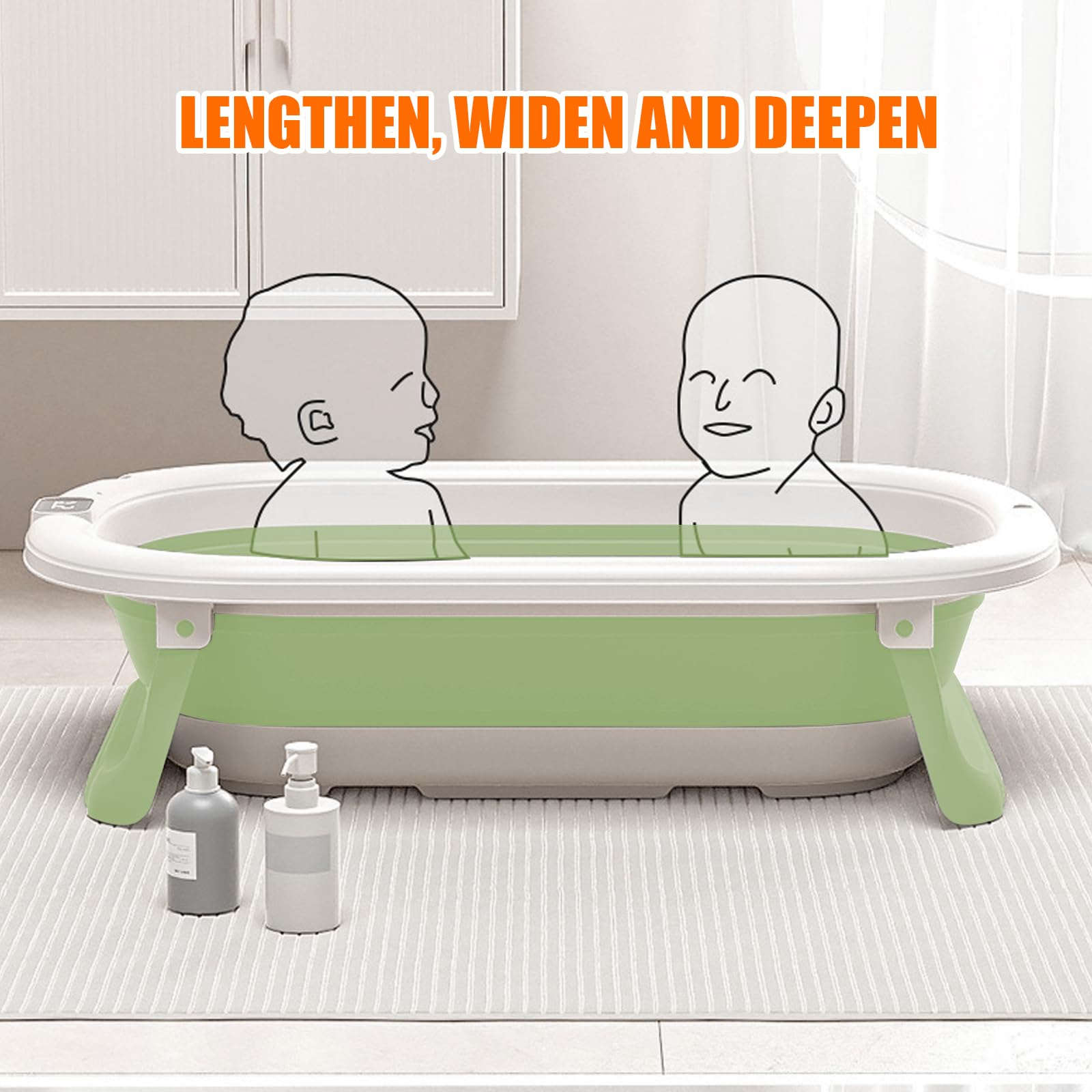 Baignoire Bébé Pliable avec Support Réglable – Bassine Nouveau-Né Pliable Antidérapante avec Thermomètre, Utilisation Facile à la Maison ou en Voyage（Vert）