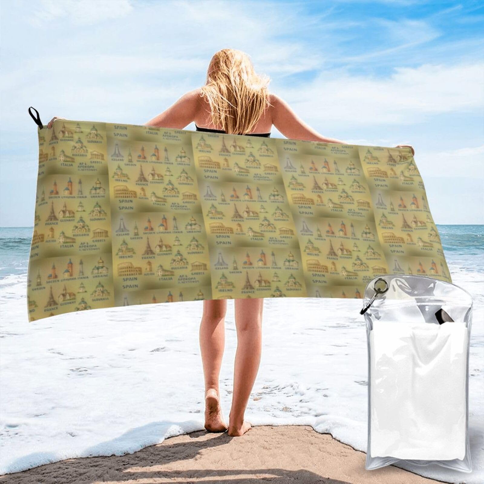 FHIZOAL European Landmarks Illustrate Quick Dry Towel Microfibre Towel Super Absorbent Ultra Compact Gym Sports Beach Camping Travel