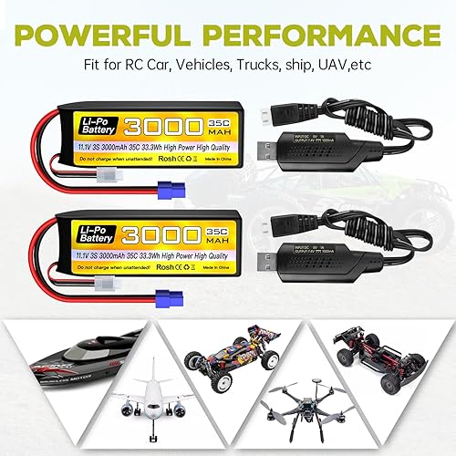 Miniatura 4 de Fytoo 2 unidades 2S Lipo batería 7.4 V 3000 mAh 35C con enchufe EC3 con 2 cables de carga USB para RC coche, camión, barco, cuadricóptero FPV Drone
