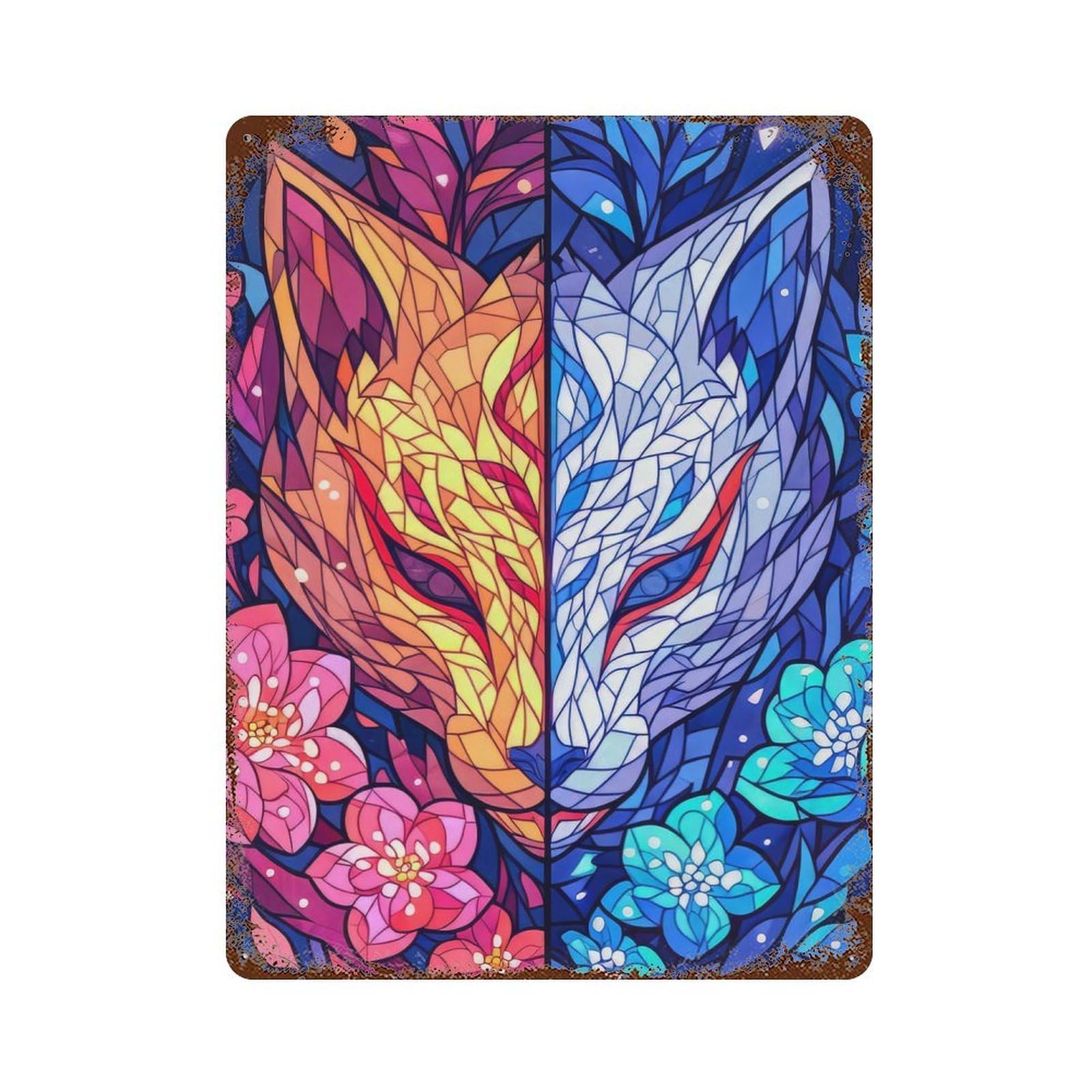 Garage Style Dual Kitsune Weathered Tin Sign 15.7"x11.8", Shabby Chic Decor for Bar And Workshop