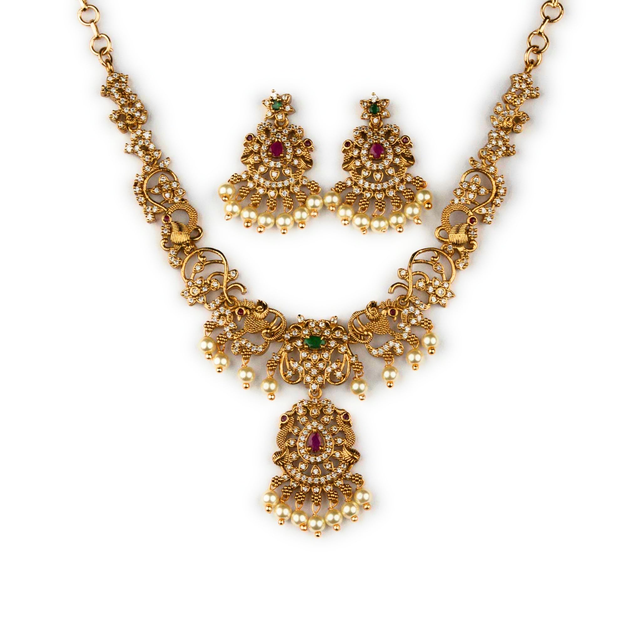 Temple Matte Gold Plated Floral Peacock Necklace Jewellery Sets with Earrings-image-28
