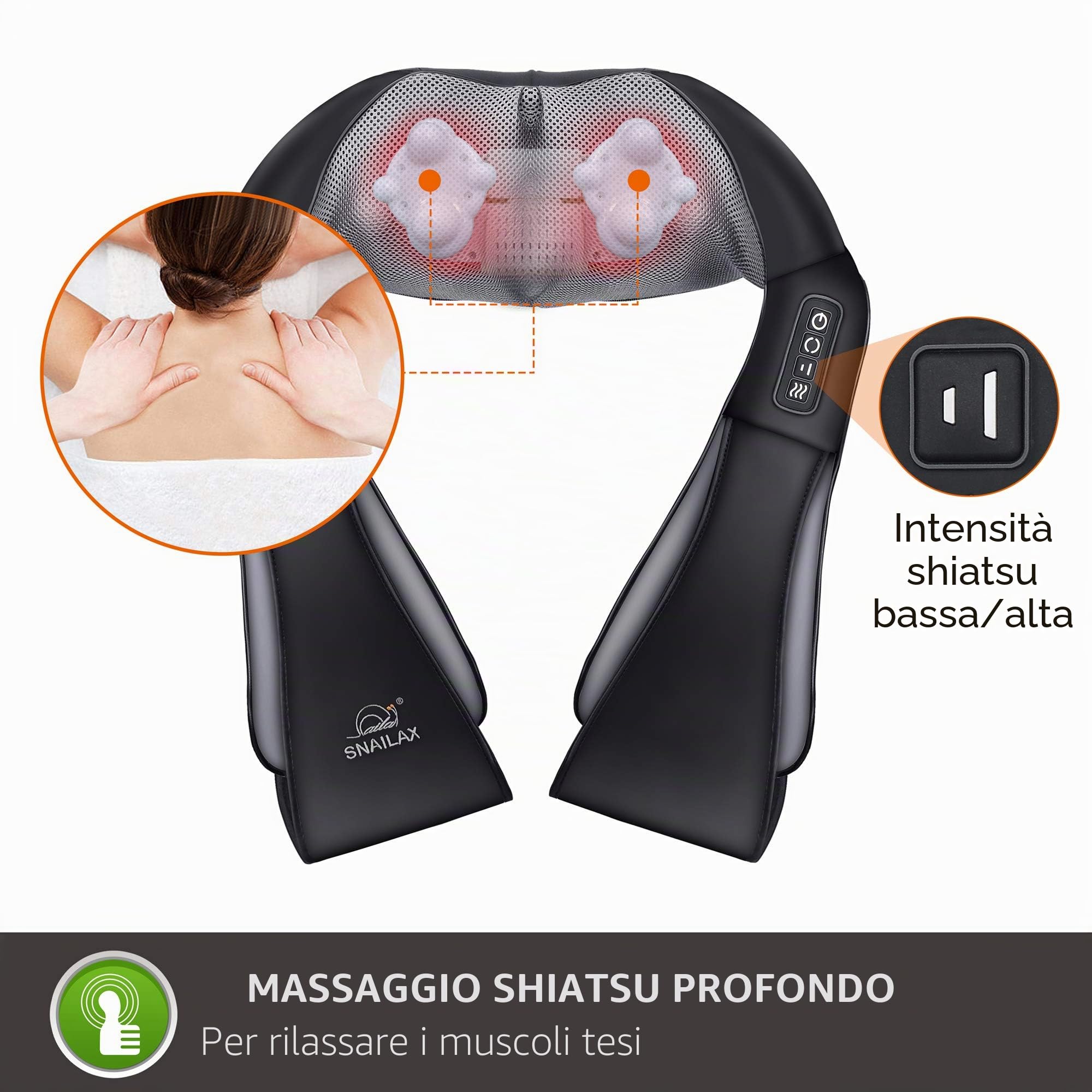 Snailax Shiatsu Massaggiatore per collo con calore, impastare spalle e schiena, 4D Deep Tissue, cuscino massaggiante per casa e ufficio, ideale come regalo di Natale per donne e uomini