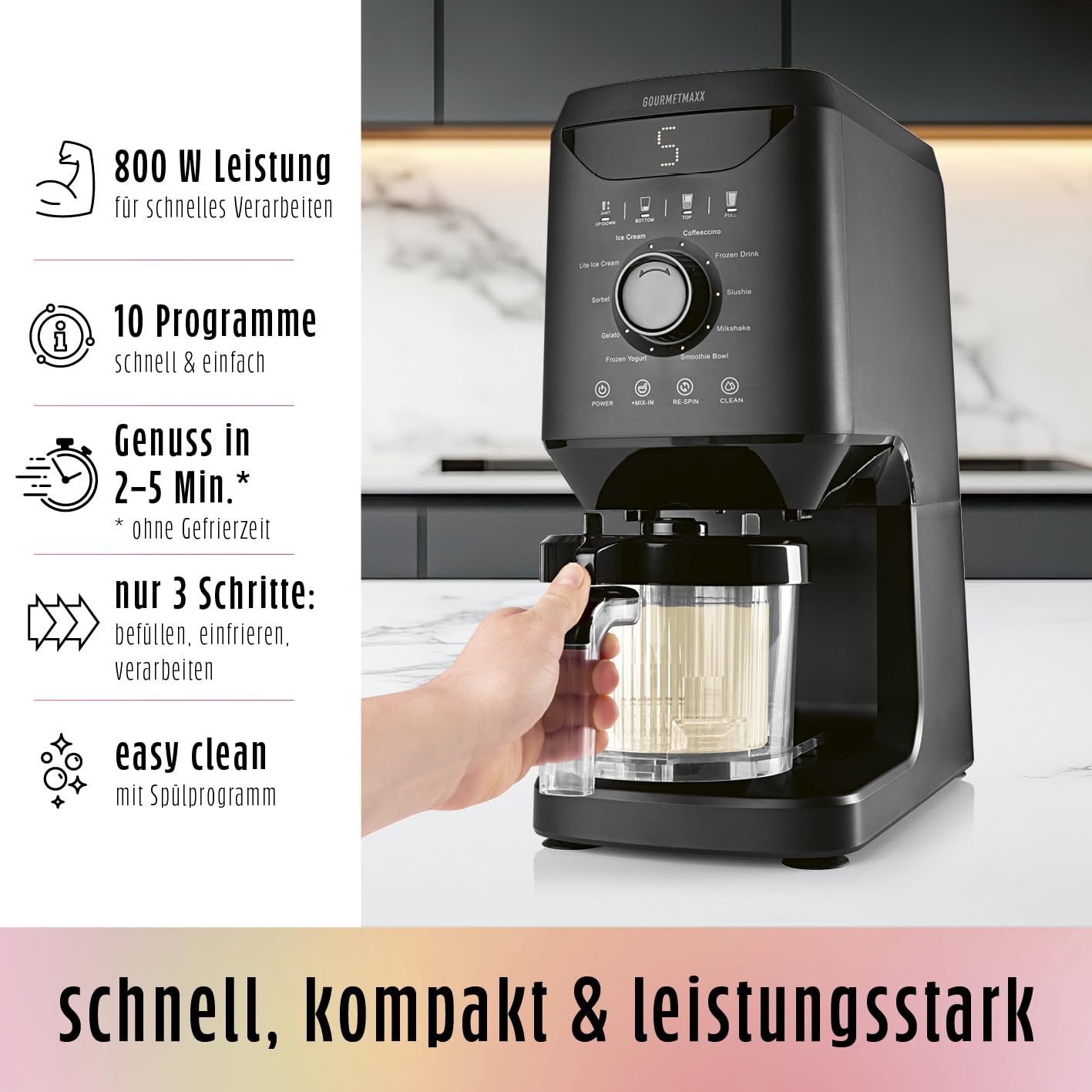 GOURMETmaxx SmoothUp Eismaschine 800 Watt | Eismaschine 10 Programme inkl. Mix-in-Funktion | Eiscreme-Maschine – Slushies & Eiscreme selber machen | Speiseeisbereiter LED Display – 2 Becher inklusive
