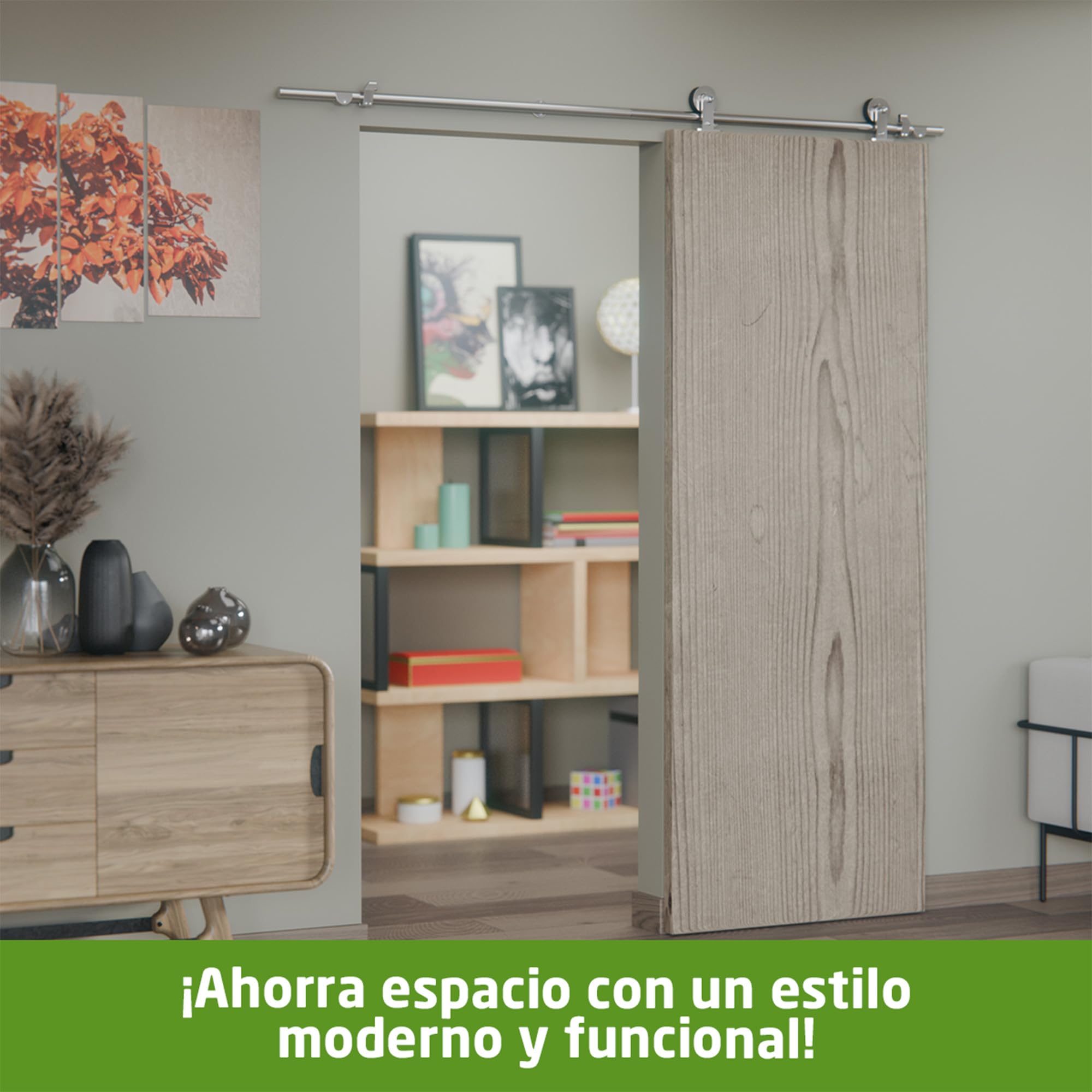 Amig - Kit puerta corredera madera - Guía 186 cm acero inoxidable 18-8 mate - 80 kg máximo - Mod. SD002