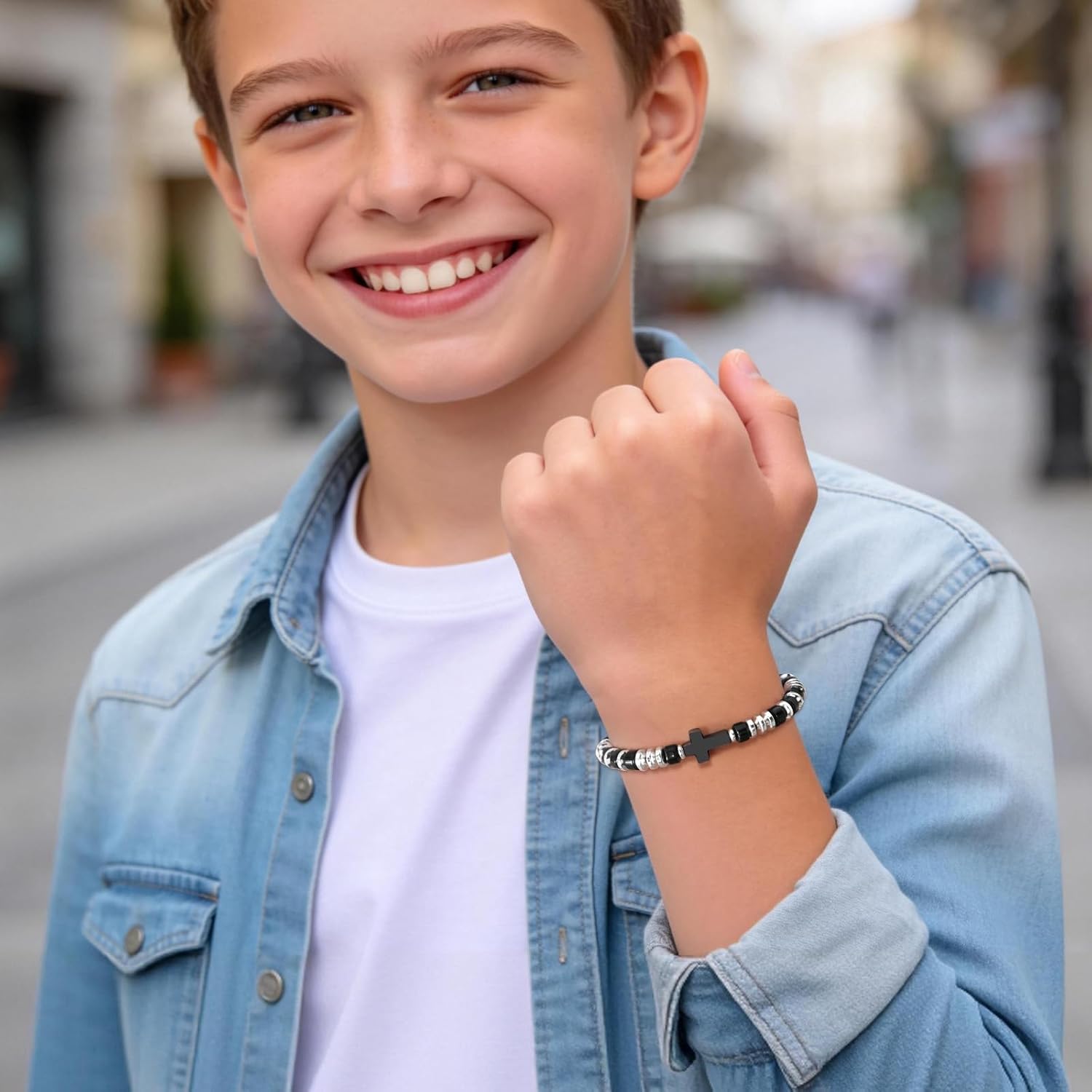 Christian Gifts for Men Beaded Bracelets - Adjustable Black Agate Beaded Cross Bracelets Handmade Beads Braided Rope Bracelet Easter Christmas Birthday Valentines Day Jewelry Gifts for Him Boyfriend - Image 2