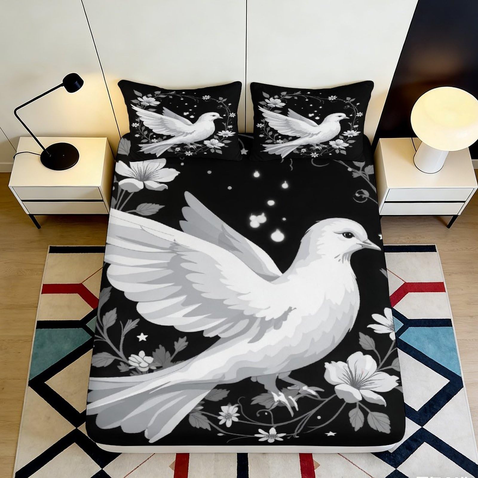 3D Printed White Dove Fitted Sheet Microfiber Soft Black Floral Bed Sheet for Bedroom Guest Room Decor 90x200x25cm