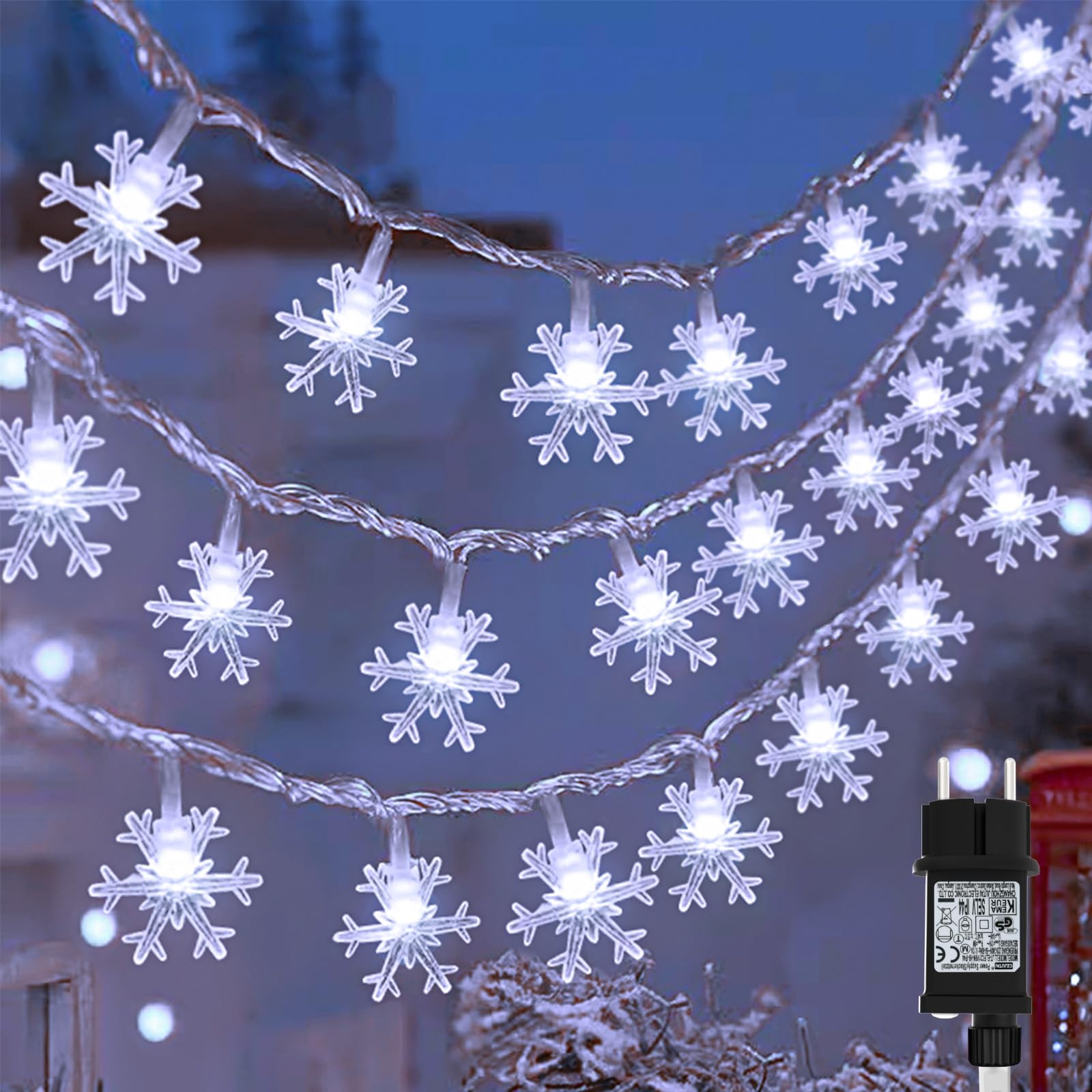 cshare Lichterkette Schneeflocke Außen, 15M 100er LED Kaltweiß Schneeflocke Lichterketten mit Stecker 8 Modi Timer IP44 Wasserdicht Lichterkette für Weihnachten Garten Innen Außen Deko Beleuchtung