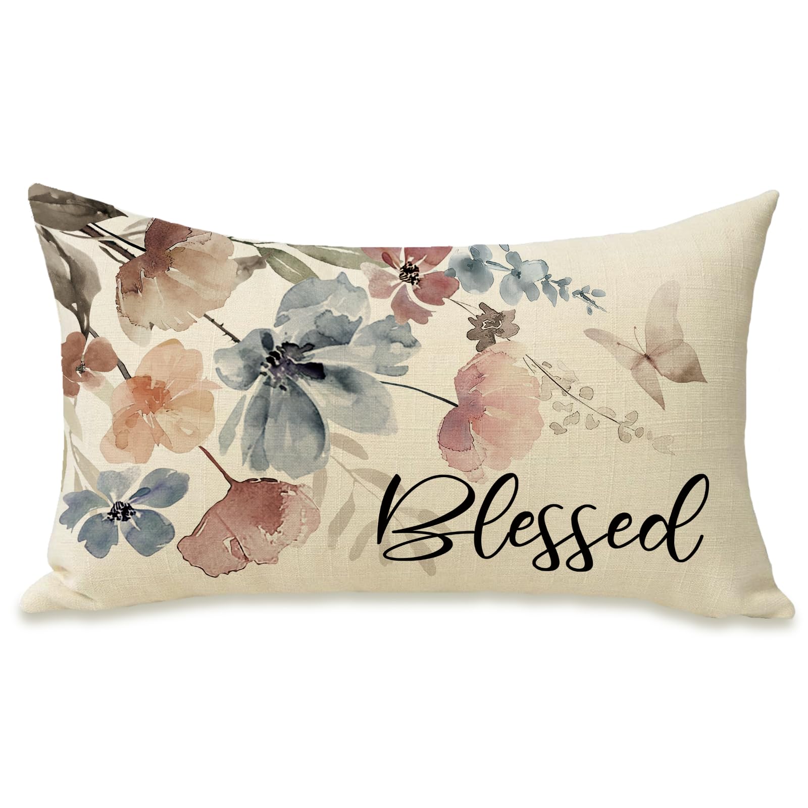 Fahrendom Watercolor Flower Lumbar Decorative Rectangle Pillow Cover 12 x 20 Blessed Poppy Floral Butterfly Porch Patio Outdoor