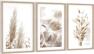 Novart Wall Pictures with Frame, Boho Pampas Grass, Living Room, Bedroom Wall Decoration, 3 Pictures Set, Beige, N108936aR1