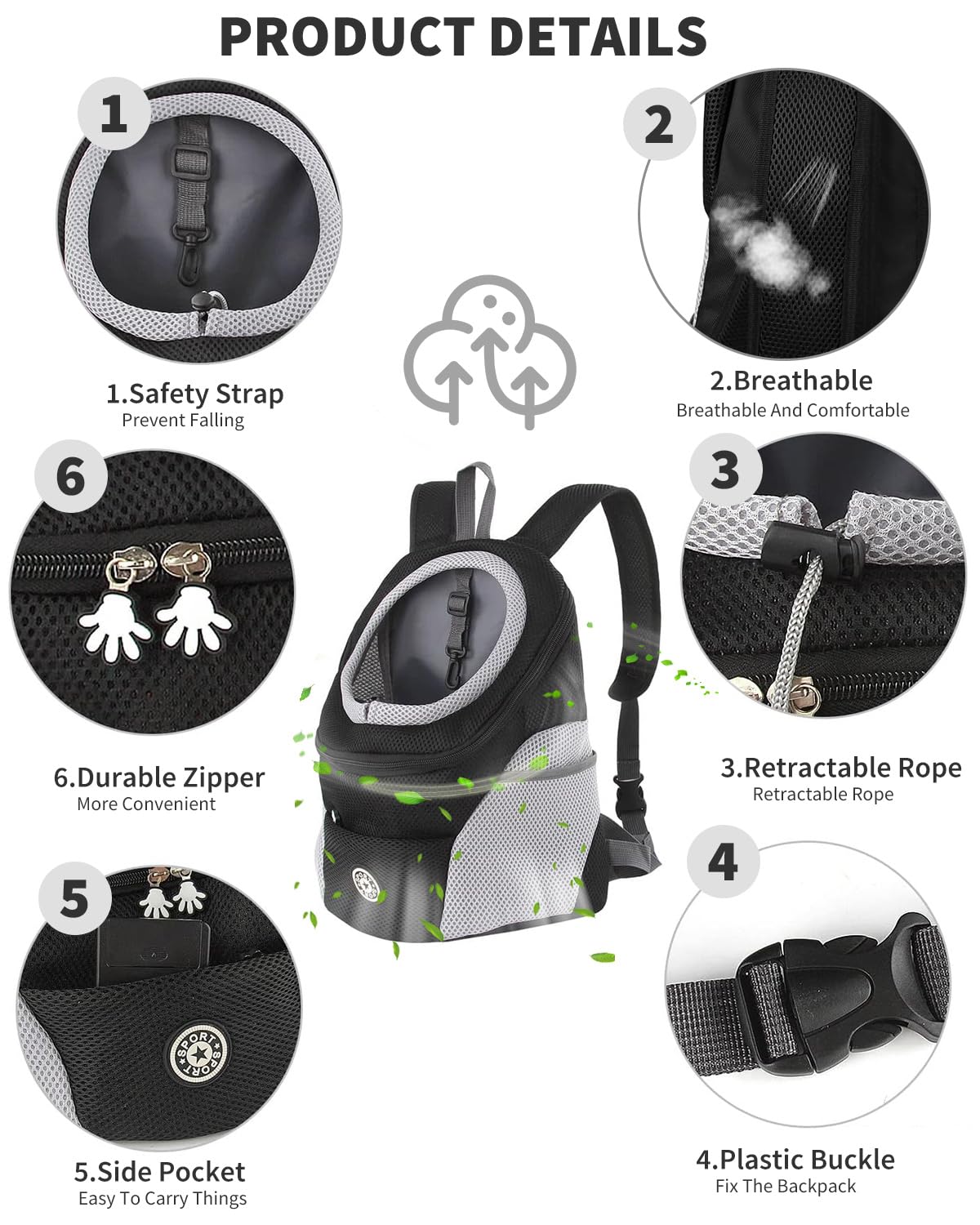 PETCUTE Zaino Trasporto Cani e Cuccioli,Zaino Traspirante per Cani per Animali Domestici,Guinzaglio di Sicurezza,Marsupio per Cani di Piccola Taglia e Gatti,Apertura Regolabile,per Viaggio