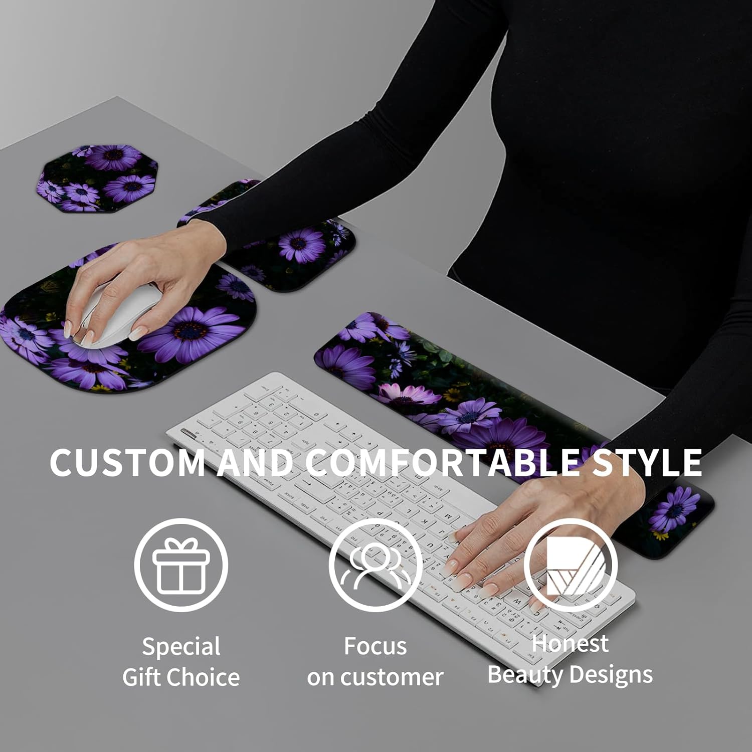 Keyboard Wrist Rest and Mouse Pad Set, Keyboard Wrist Support + Small Mouse Pad + Elbow Arm Rest Pad + Coaster, Ergonomic Memory Foam Wrist Rest for Computer Keyboard, Purple Daisy Flowers