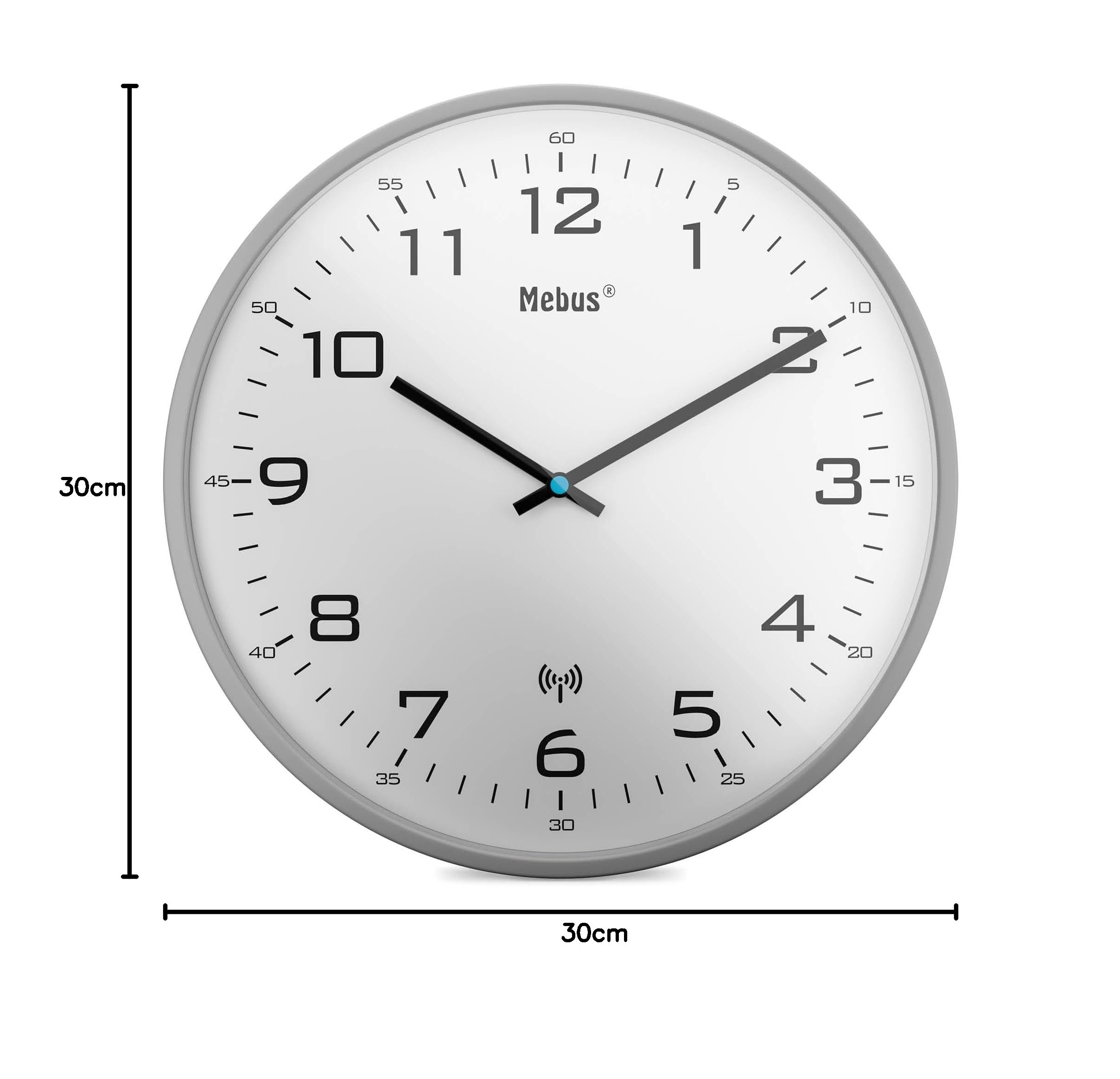 Mebus Radiowy zegar ścienny, 30 cm, bezgłośny, szara rama, biały cyferblat, model 13081 - nowoczesny i cichy, szary