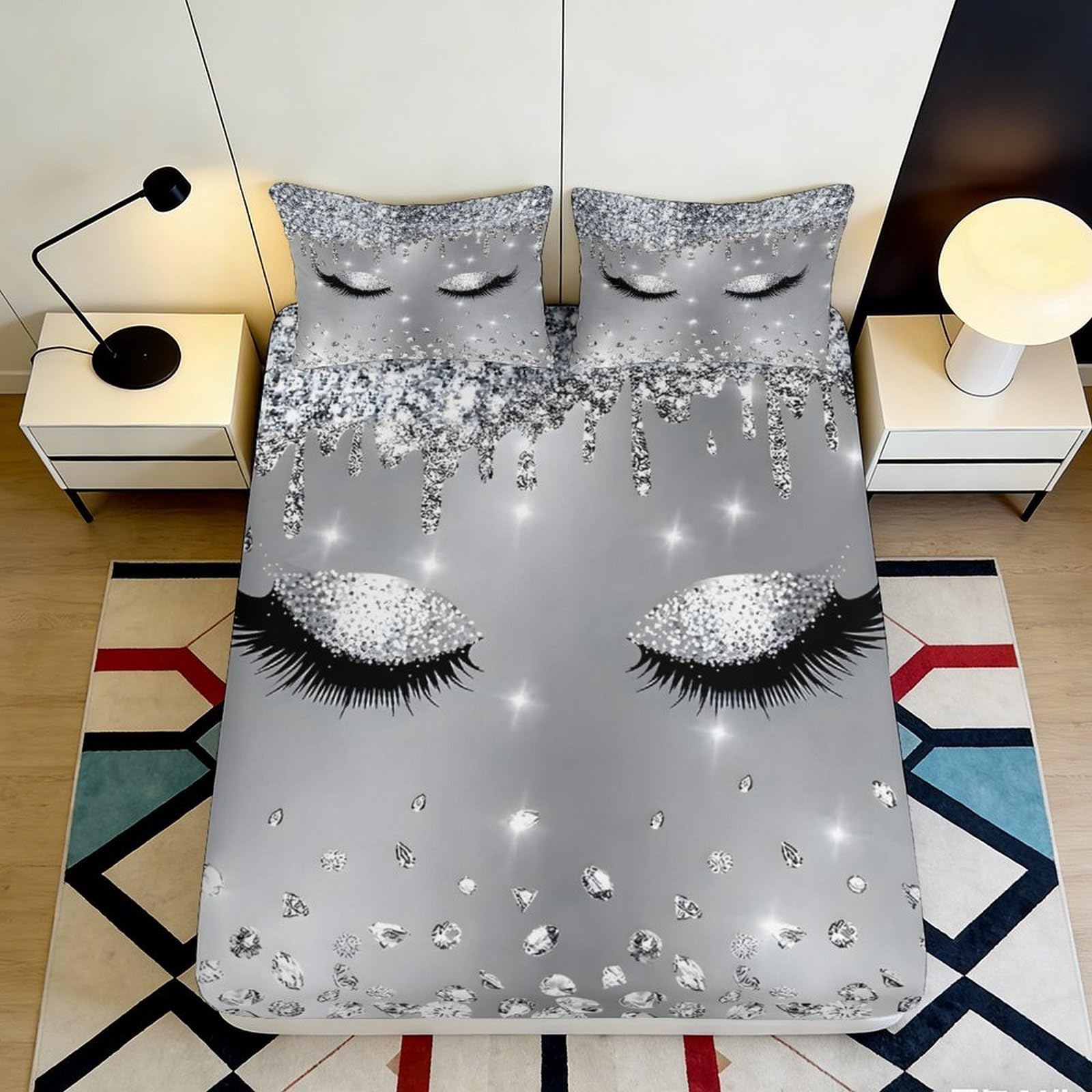 3D Printed Glitter Eyes Fitted Sheet Microfiber Silver Eyelash Mattress Cover Anti-Slip Decor for Bedroom Guestroom Easy Care 90x200x25cm
