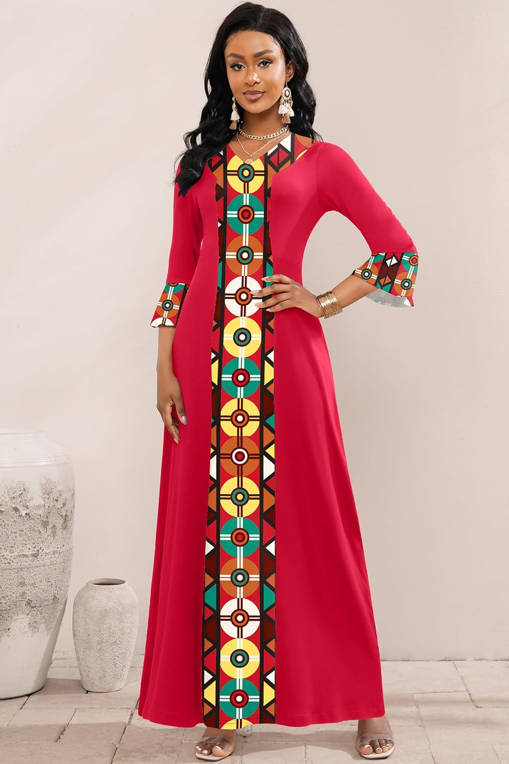 FANDEE Elegant Maxi Long V-Neck Casual Dress for Women, Bell Sleeve African Print Dresses for Cocktail Party（M-3XL） - Image 3