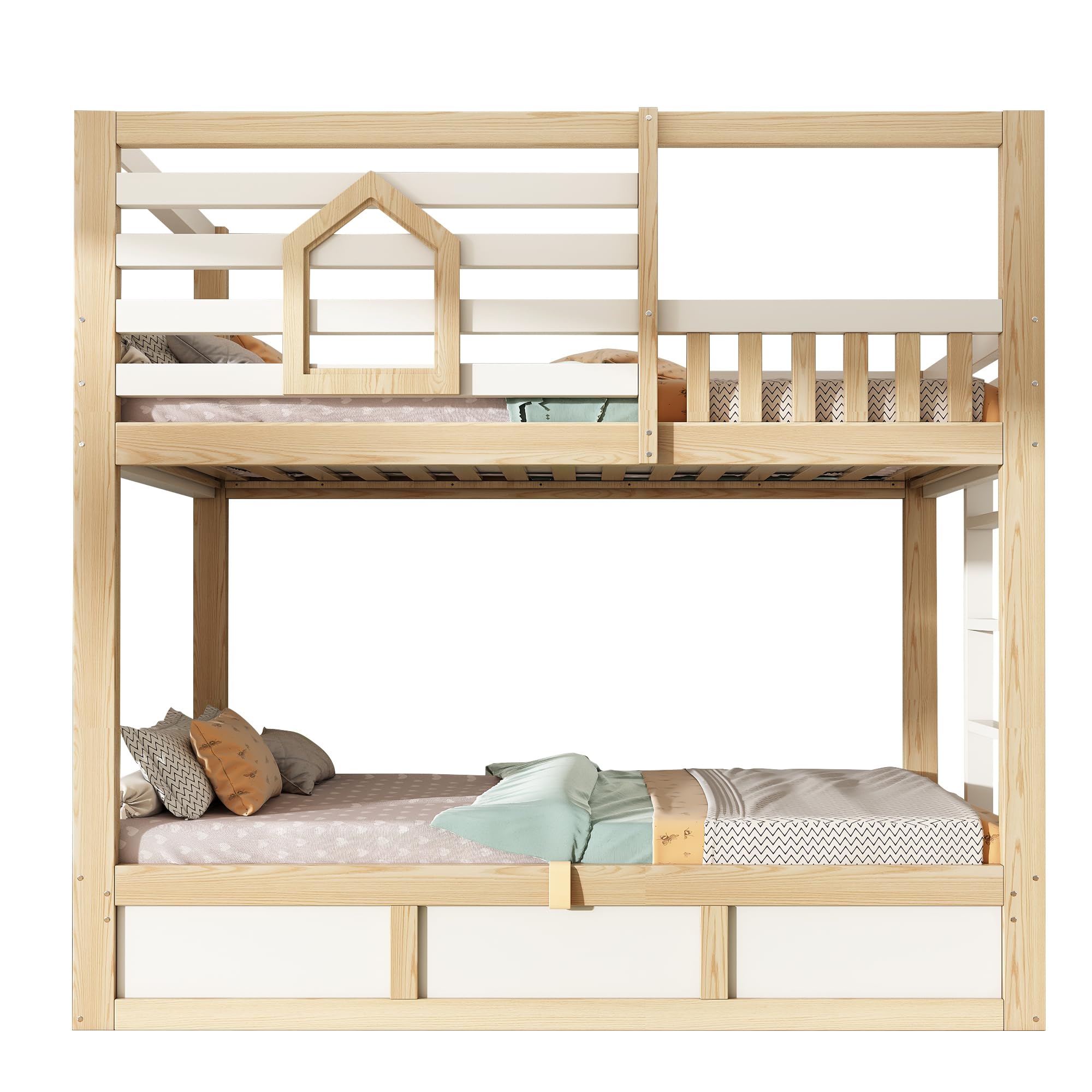 Mrwoo Cama Infantil 90x200 cm con Almacenamiento Hidráulico, Cama Alta con Ventanas y Estilo Rústico, Escalera Recta, 2 Superficies de Descanso, Roble+Blanco-A(Sin Colchón)