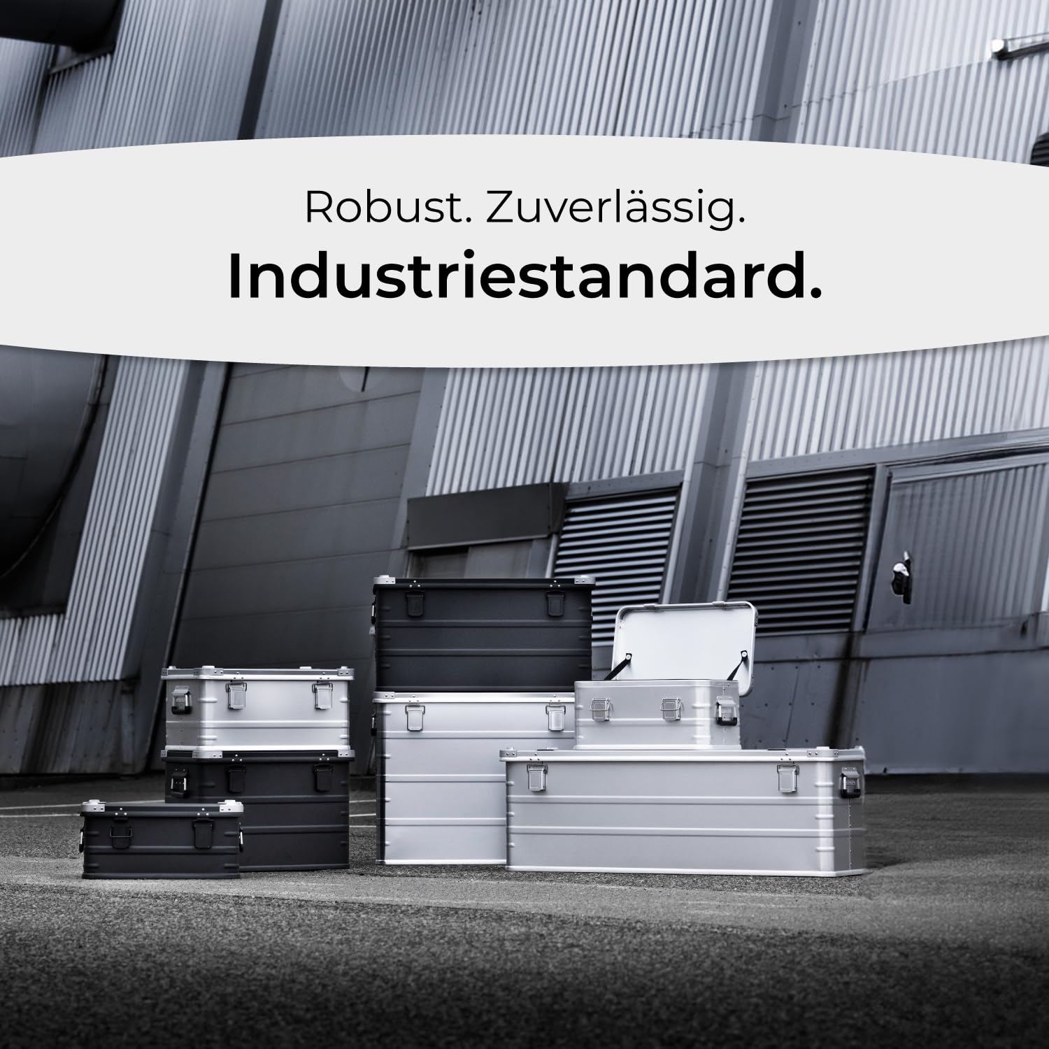 AluVault 047L – Alubox mit Deckel, Aluminium Aufbewahrungsbox, Alukiste, Spritzwassergeschützt, Staubdicht, Stapelbar - Transportbox mit Federgriffen für Werkzeug und Ausrüstung, Schwarz