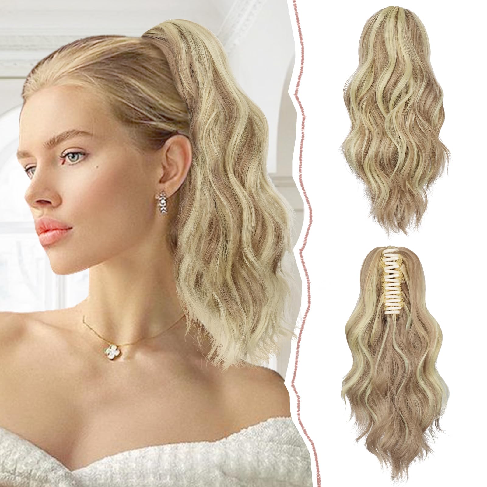 Sofeiyan Coleta Postizos Ondulado Pelo con Pinzas de Garra Coleta Extensiones de Pelo Rizada Cola de Caballo Sintética 35cm Corta Ondulado Postizos de Pelo Aspecto Natural para Mujer, Rubio