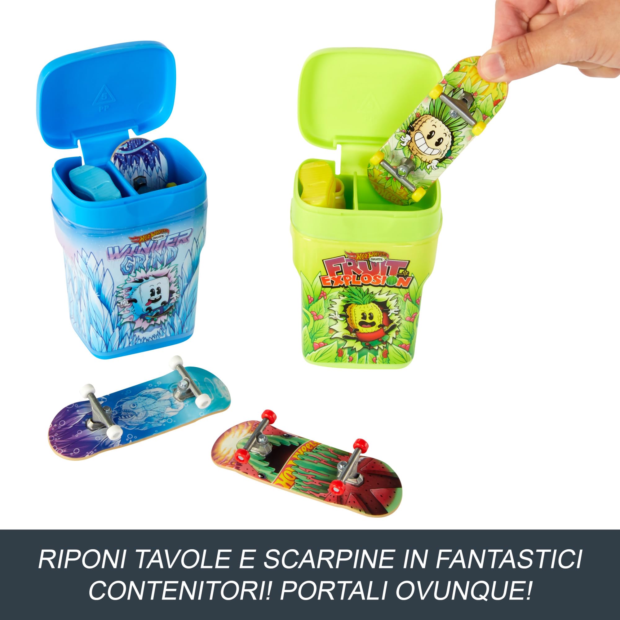 Hot Wheels Skate - Pacchetto Skate Profumati, include 2 tavole fingerboard esclusive 1 paio di scarpine da skate, 2 contenitori profumati, giocattolo per bambini, 5+ anni, HWV21