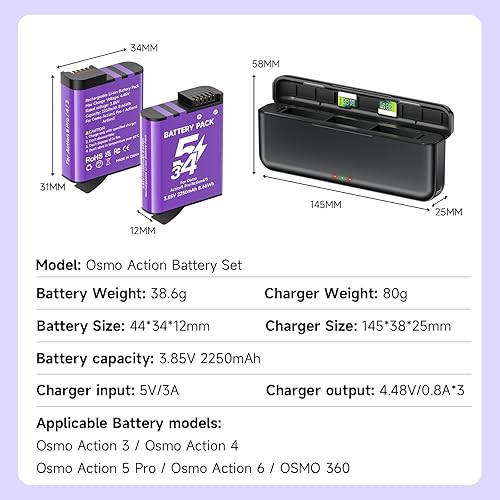 Miniatura 7 de Palogreen Osmo Action 5 Pro43 - Cargador de batería, paquete de 3 baterías Osmo 360 de 2250 mAh y cargador rápido de 3 ranuras compatible con DJI