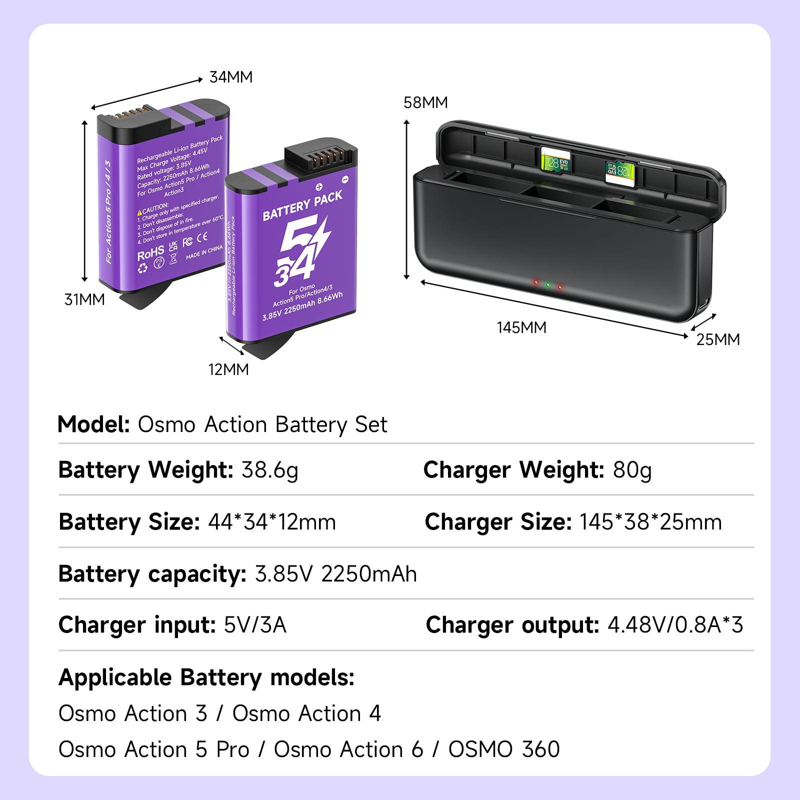 2250mAh Osmo Action 5 Pro Batteria Con Caricabatterie Per DJI Osmo 360/Action 6/Action 5 Pro/Action 4/Action 3, 3-channel Caricabatterie e custodia di ricarica rapida USB con cavo di tipo C