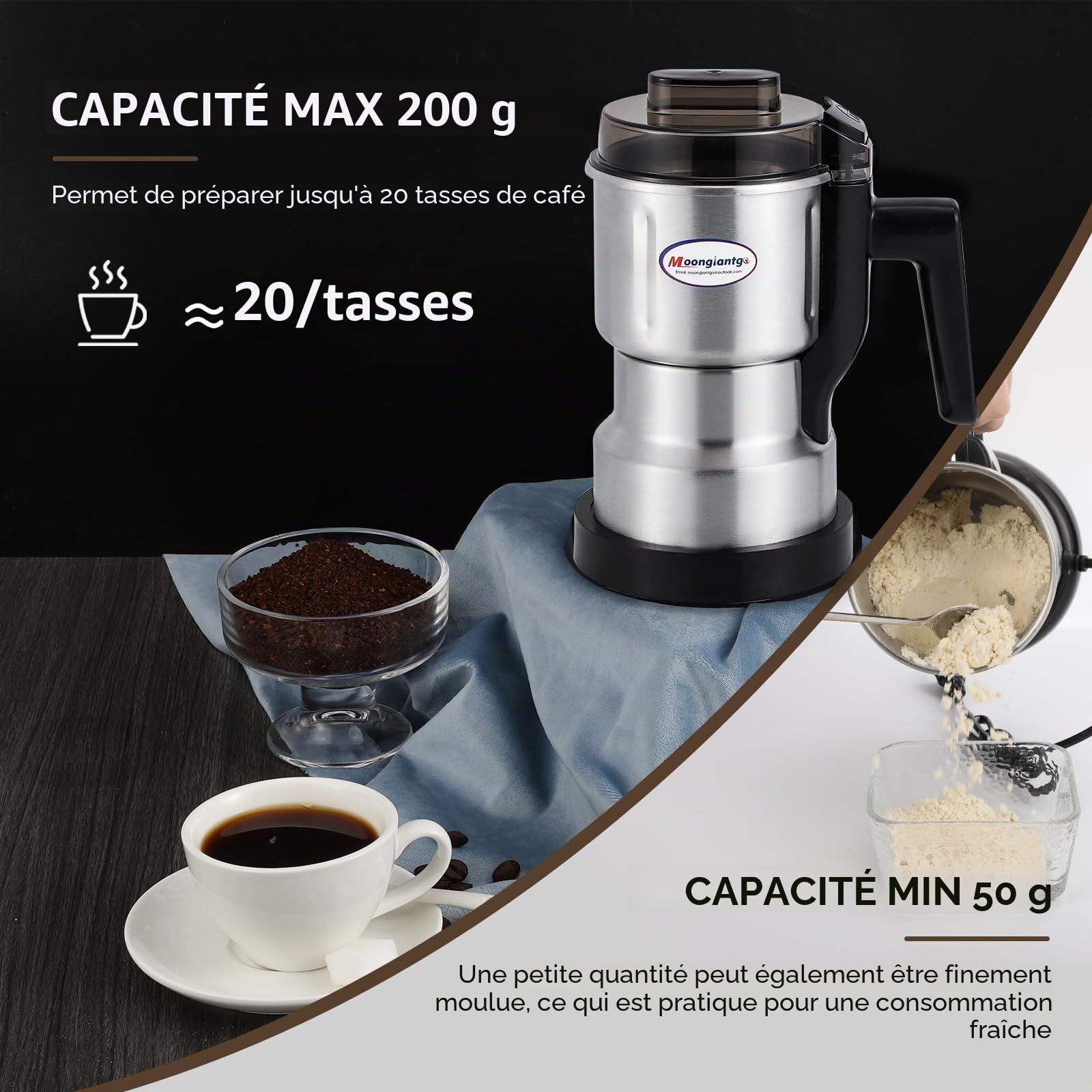 Moongiantgo Moulin Multifonctionnel à Céréales, Café et Épices (250W 22000RPM, Capacité 200ml, Acier Inoxydable, Mouture Ultra-Fine pour Céréales, Haricots, Café - Avec Brosse et Cuillère)